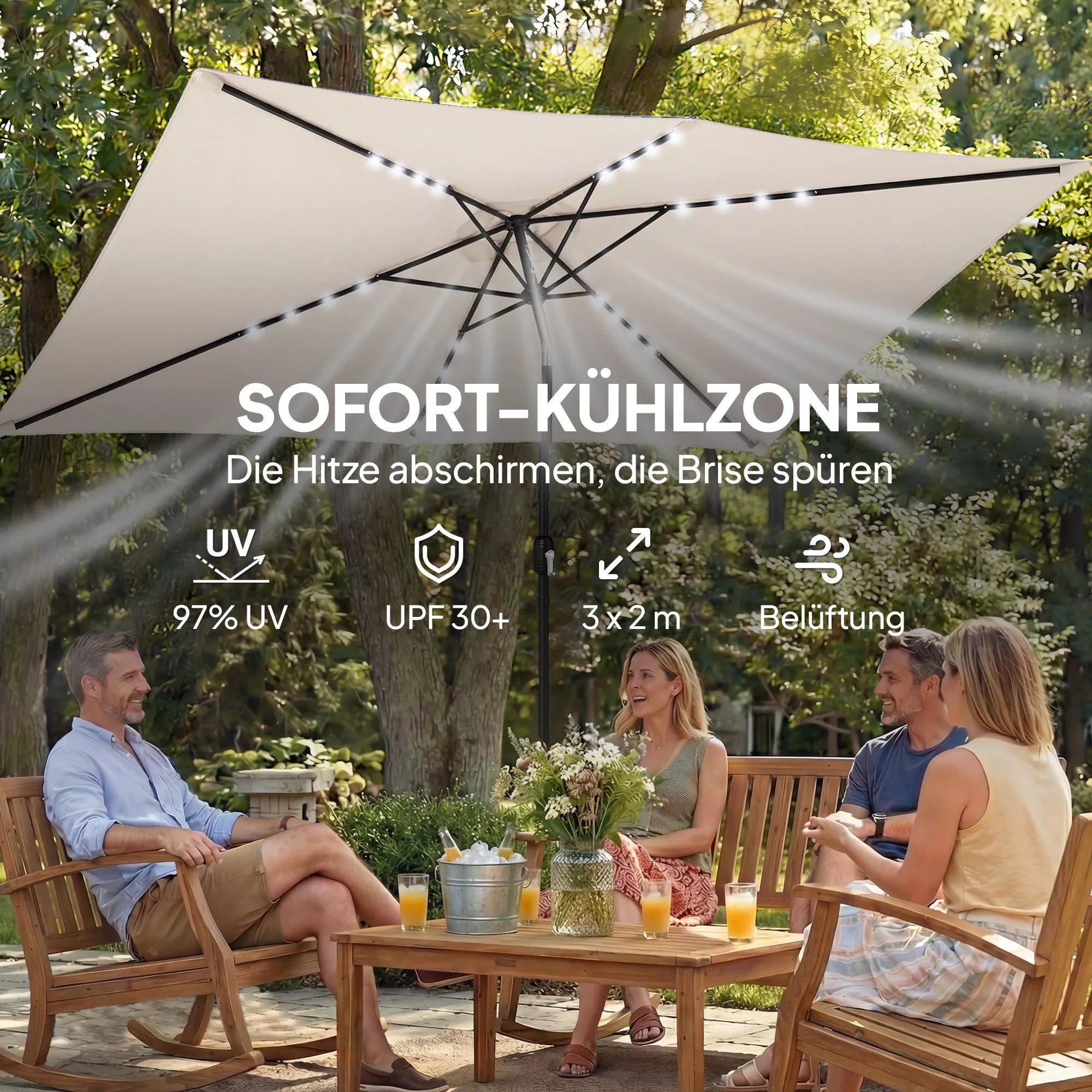 Saulės skėtis LED Solar, apie 300 x 200 cm, sulankstomas balkono skėtis su rankena, apsauginis apvalkalas, UV apsauga, pasukamas, kreminės baltos spalvos