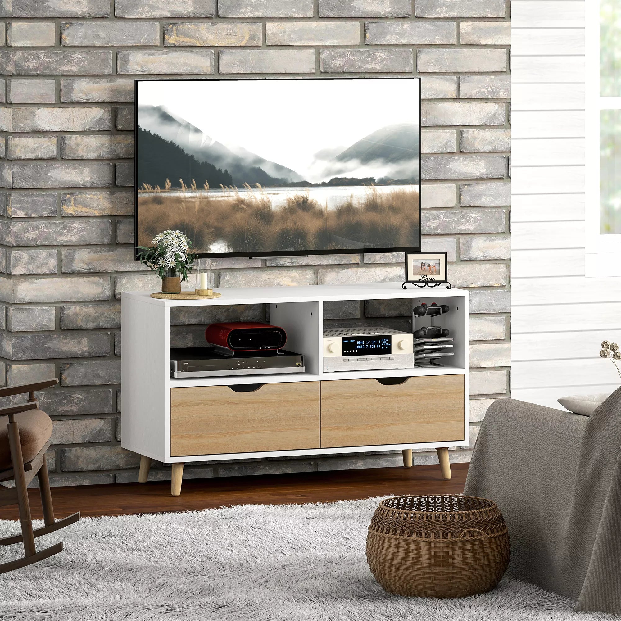 TV spintelė, TV komoda su stalčiais, atviros lentynos, mediena, 99 x 39 x 58 cm, balta