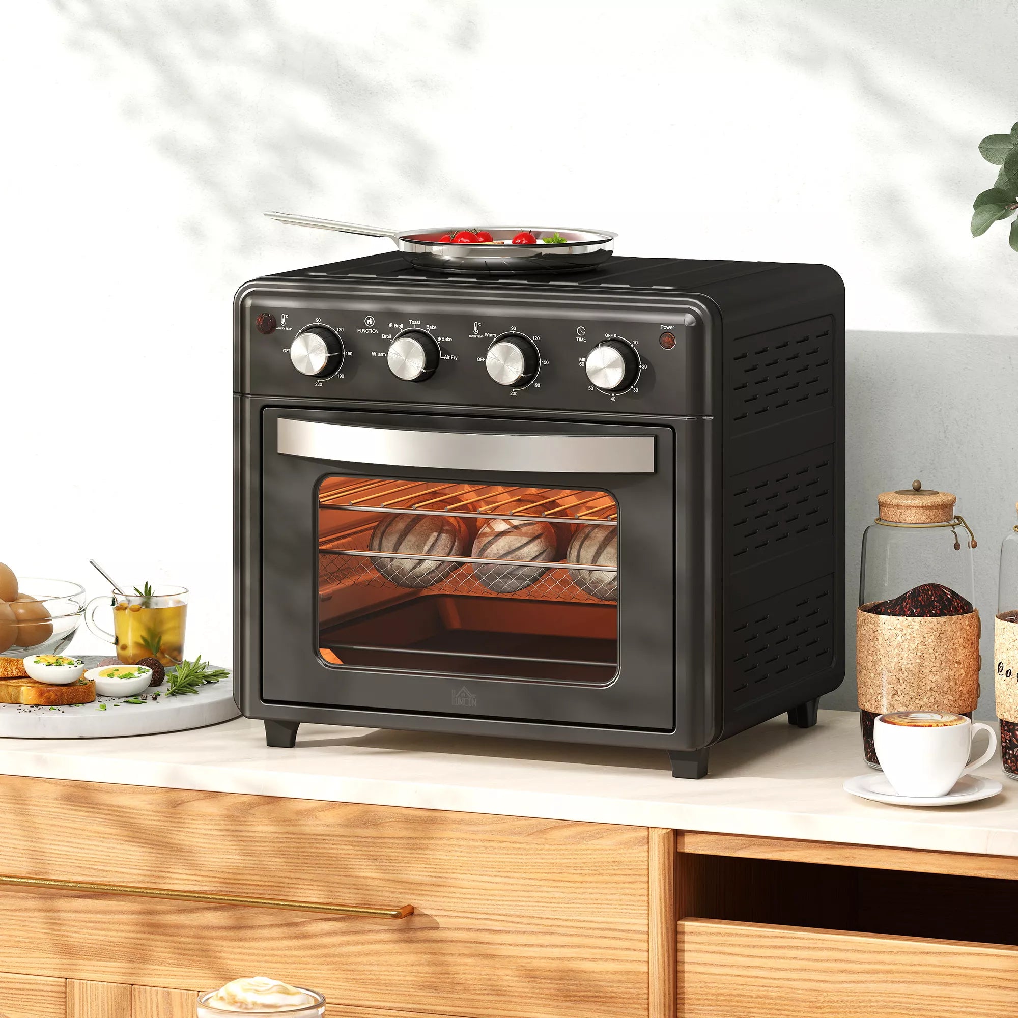 Mini orkaitė, karšto oro gruzdintuvė, 90–230 °C, 7 programos, priedai, juoda