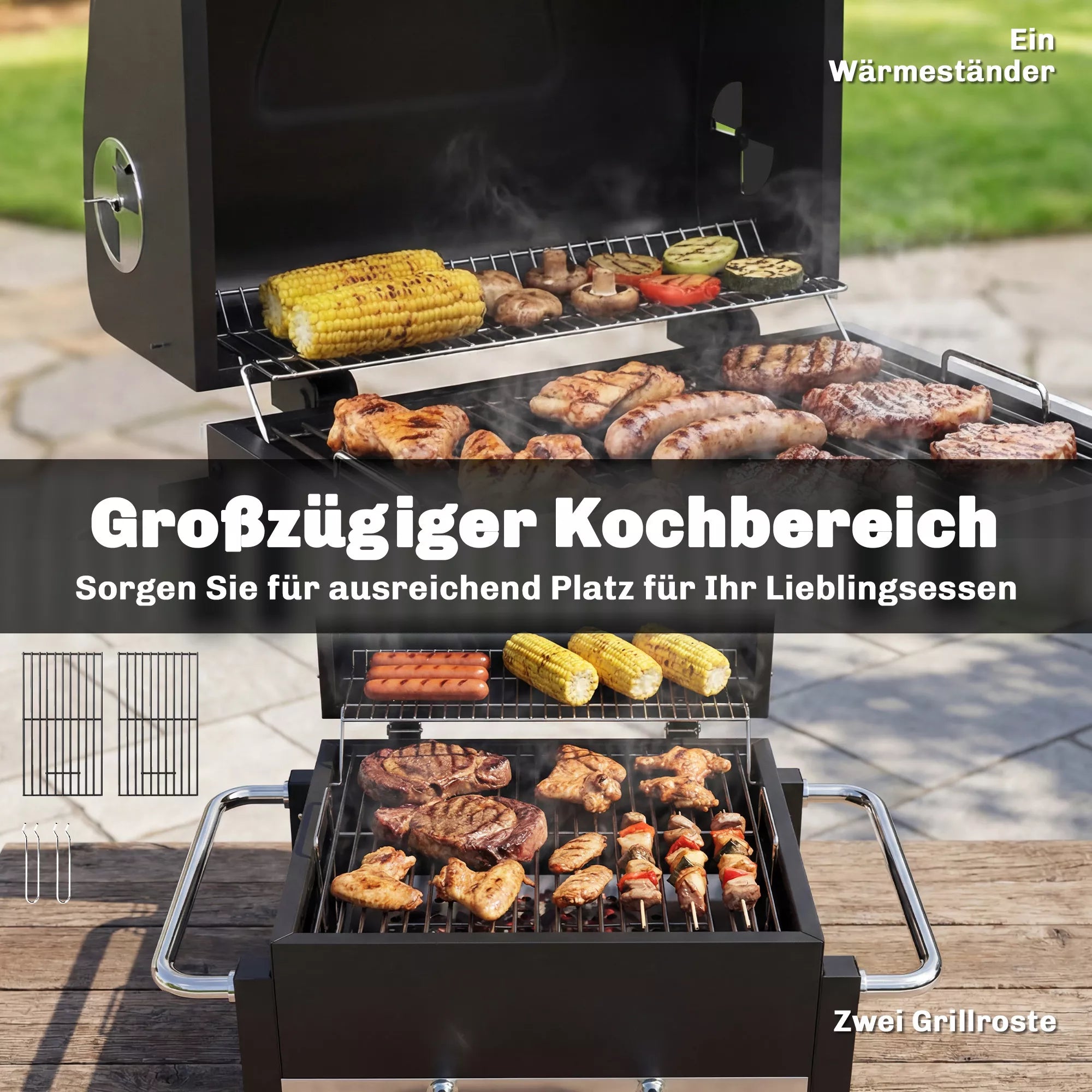 Plieninis anglies grilis, nešiojamas BBQ rūkintuvas su dangčiu, reguliuojama ventiliacija, dviejų lygių anglies dėžė, termometras