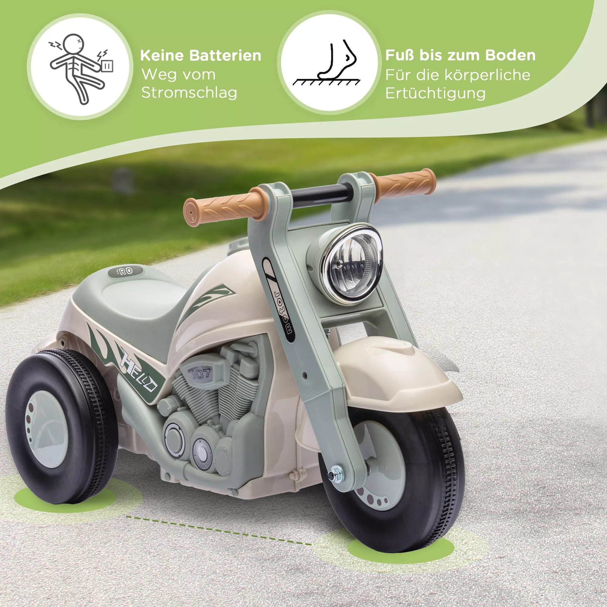 Riedantis automobilis, motociklo dizainas, muzika ir muilo burbulai, skirtas 2–5 metų vaikams, kreminės baltos spalvos