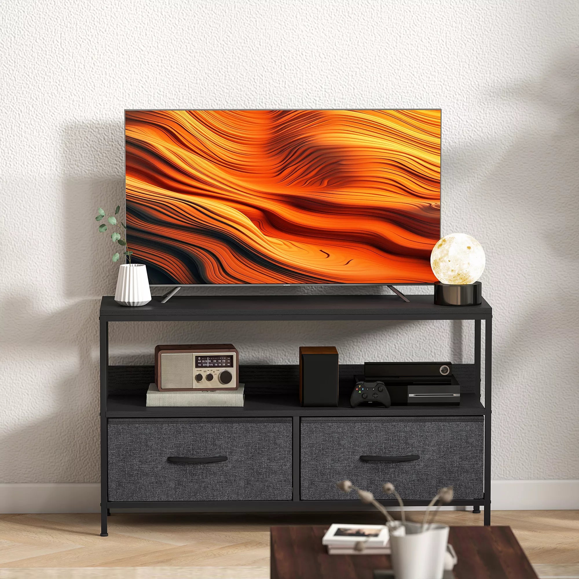 TV staliukas su 2 stalčiais, atviru skyriumi, televizoriams iki 47 colių, 98 x 29 x 56 cm, juoda+tamsiai pilka