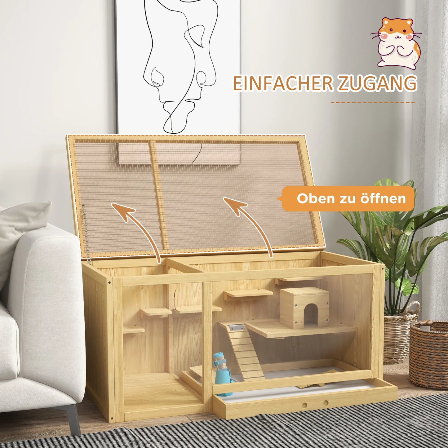 Mažų gyvūnų narvas Graužikų narvas, pušies mediena, su priedais ir girdykle, 100 x 50 x 50 cm, natūralus