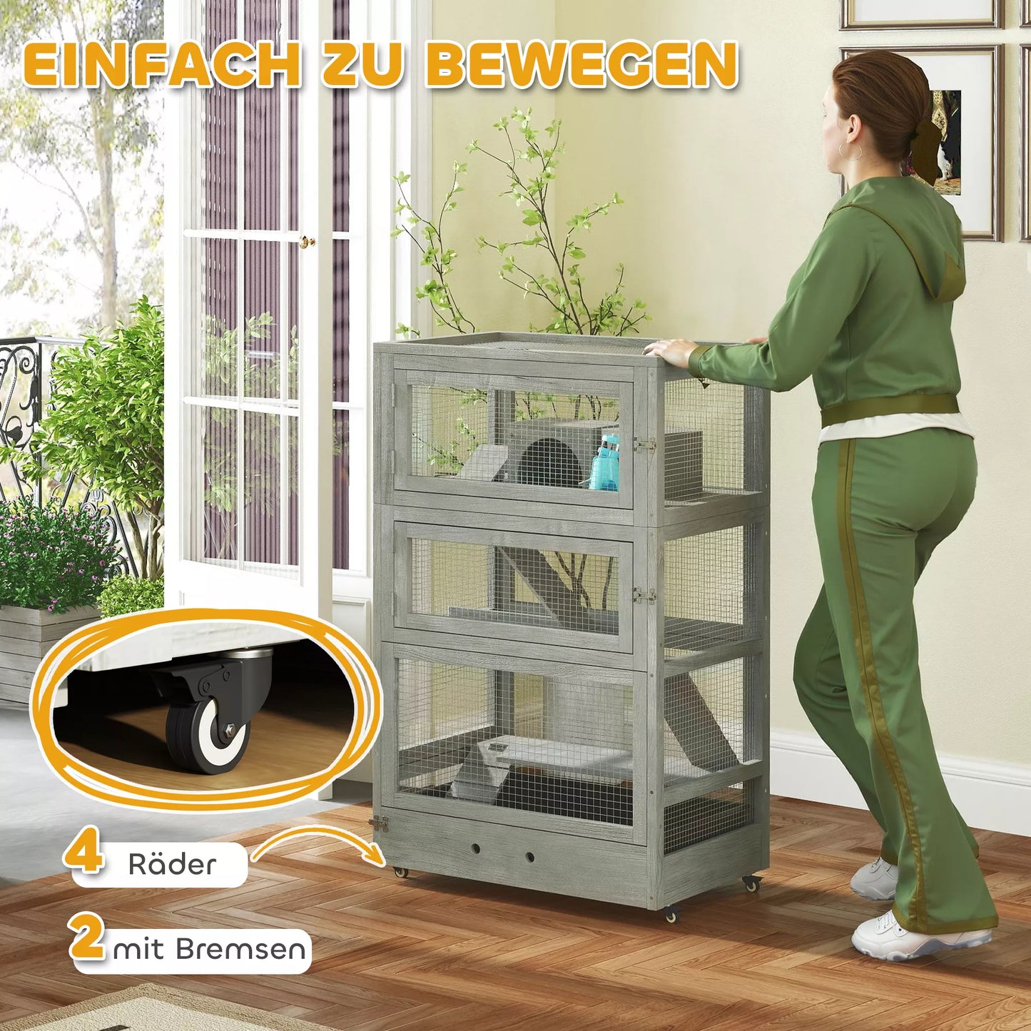 4 pakopų medinis žiurkėno narvas, su nameliais, supynėmis, maisto dubenėliais, rampomis, ratukais, 65 x 45 x 109 cm, pilkos spalvos