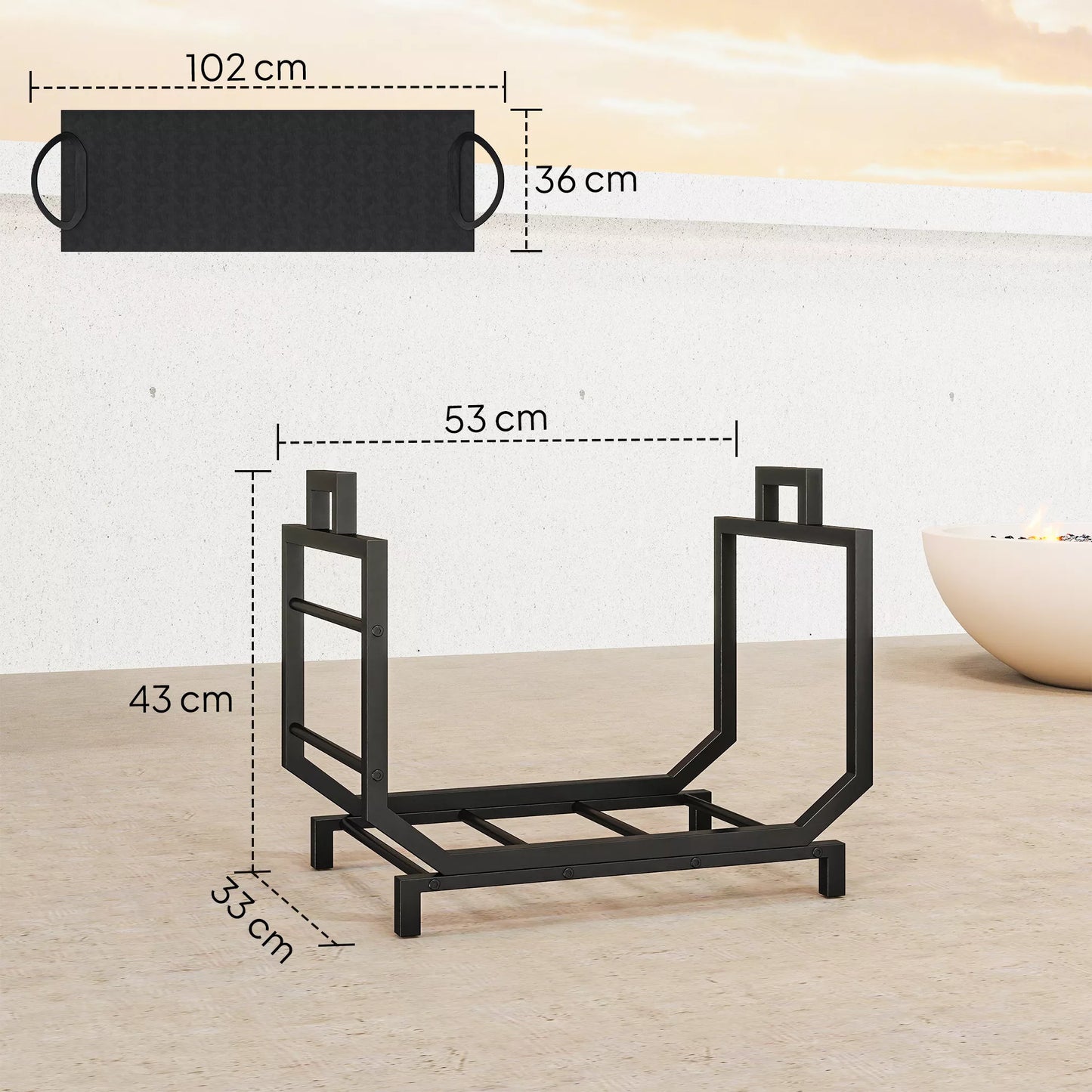 Vidinis laikiklis malkoms 53 x 33 x 43 cm, medienos laikymo stovas su rankena, metalinis, juodas