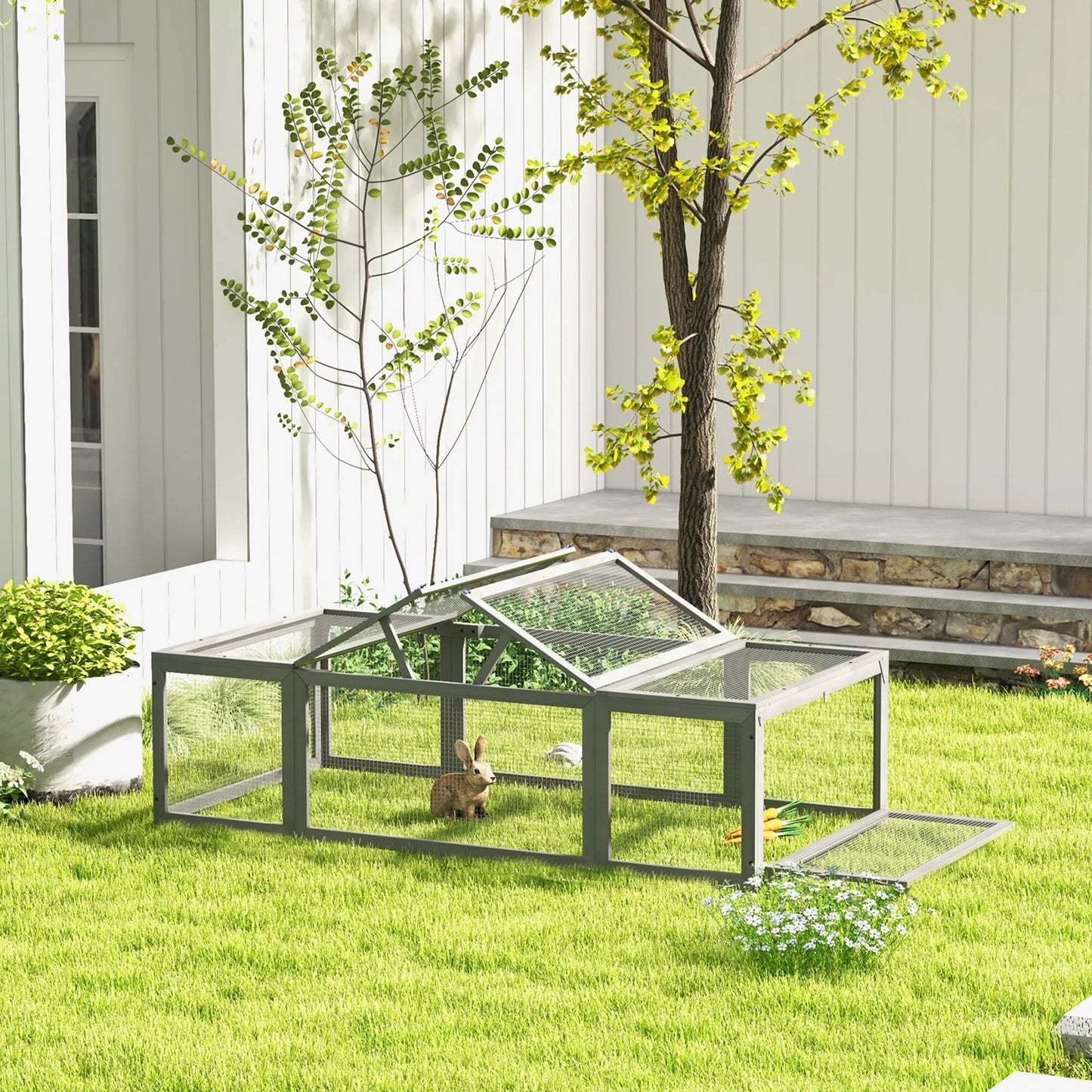 Lauko voljeras smulkiems gyvūnams, atlenkiamas stogas, eglės mediena, pilkas