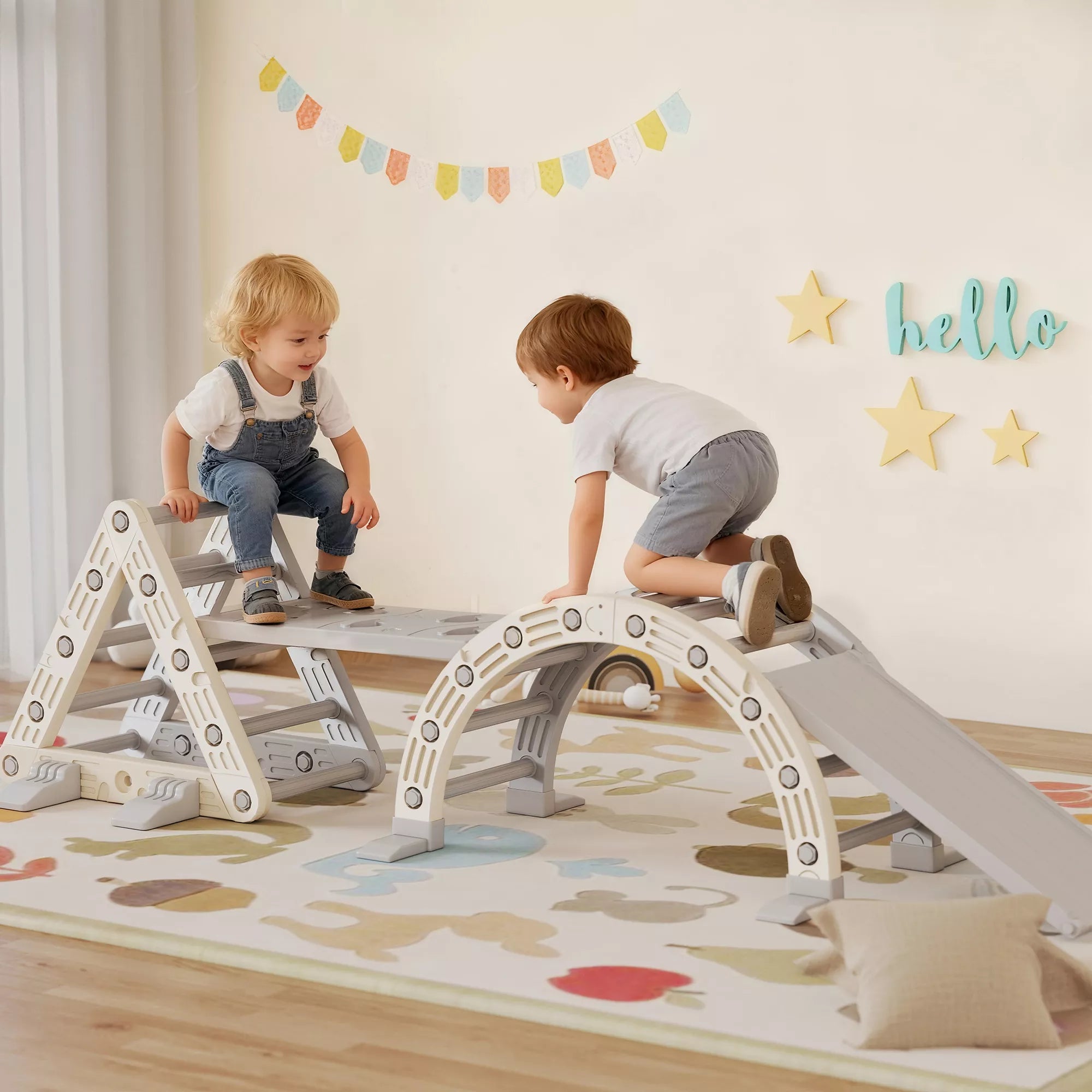 5 in 1 laipiojimo konstrukcija Montessori Indoor, laipiojimo trikampis su čiuožykla, laipiojimo lankas, dvipusis rampa, žaidimų aikštelė vaikams nuo 18 iki 48 mėnesių, pilka + balta