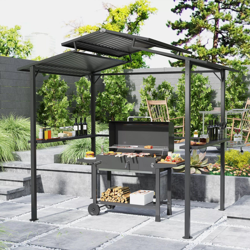 Grillpavillon 250 x 160 x 250 cm vandeniui atsparus sodo paviljonas su dvigubu stogu, šoninėmis lentynomis Juodas