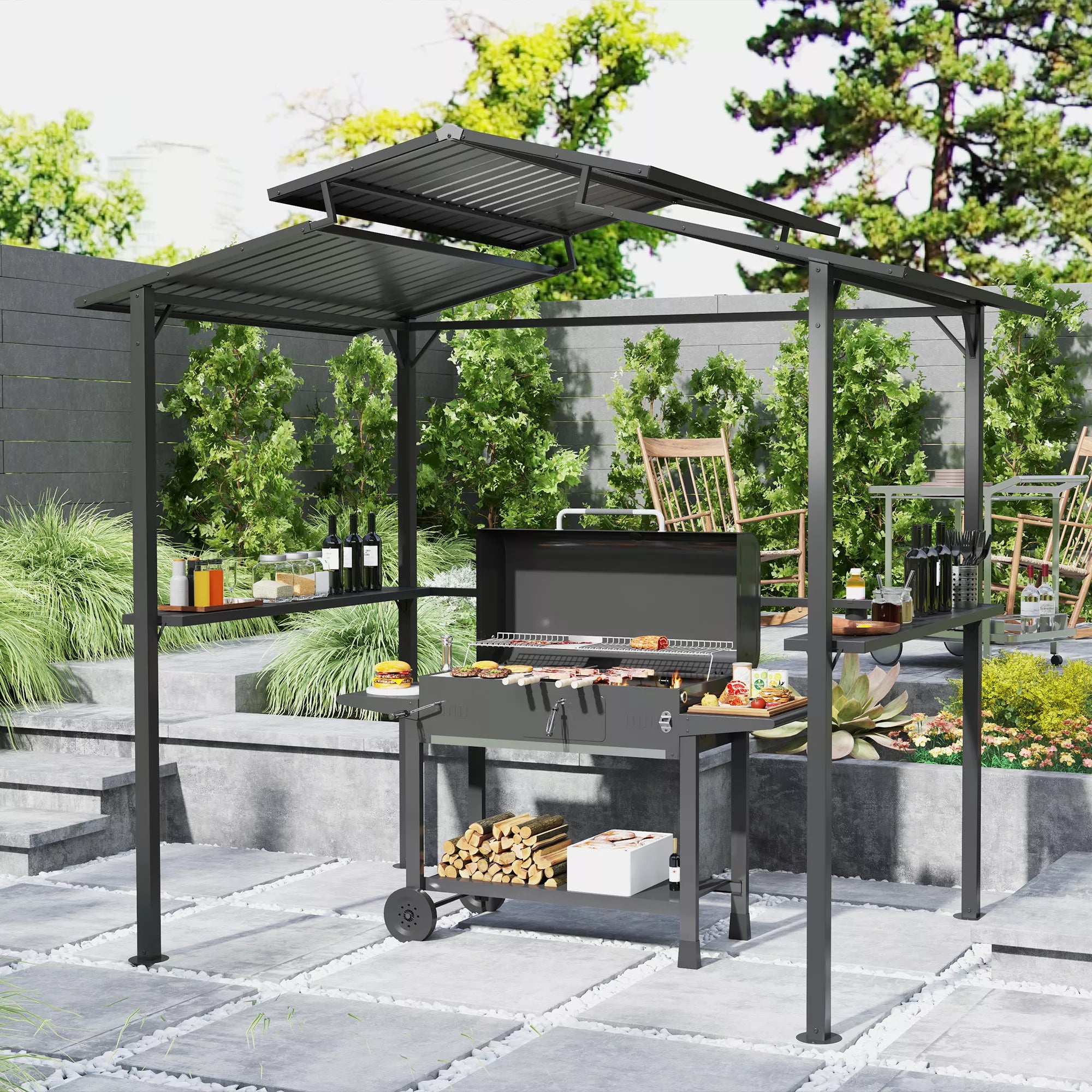Grillpavillon 250 x 160 x 250 cm vandeniui atsparus sodo paviljonas su dvigubu stogu, šoninėmis lentynomis Juodas