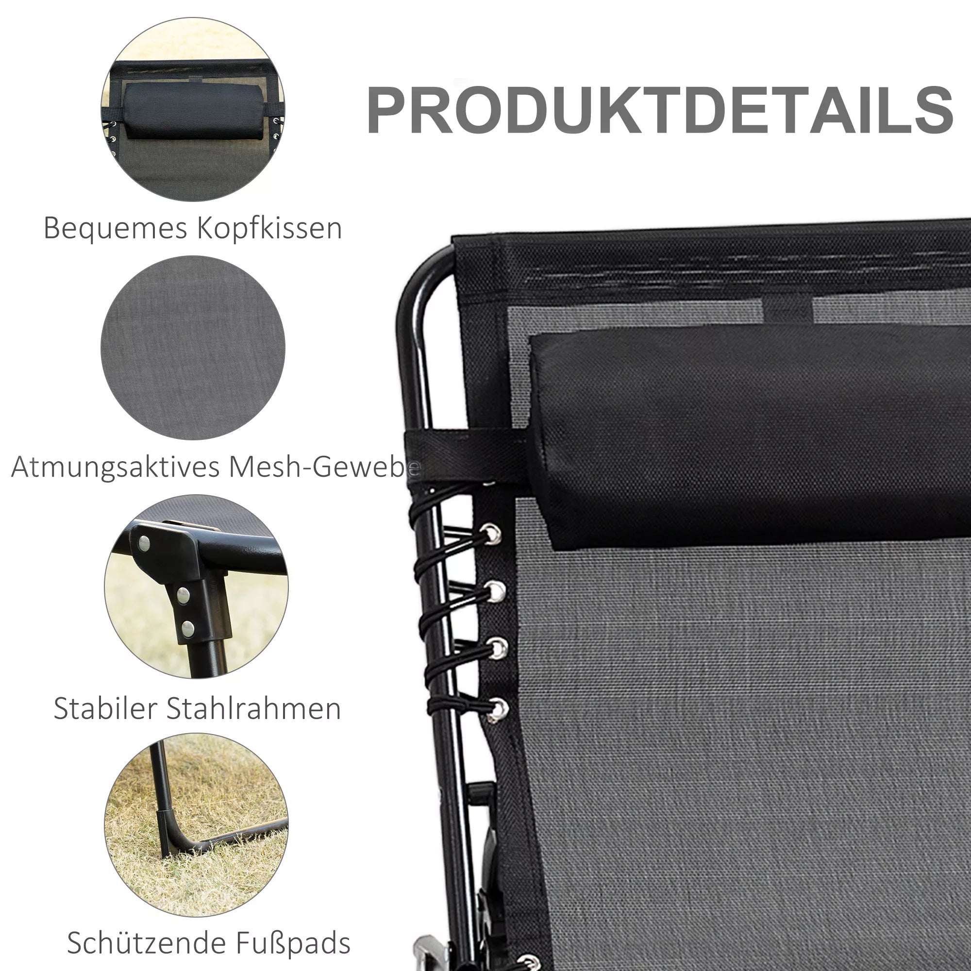 Gultas, sulankstomas gultas su pagalve kaklui, plieninis rėmas, tinklinis audinys, 120 kg apkrova, juodas