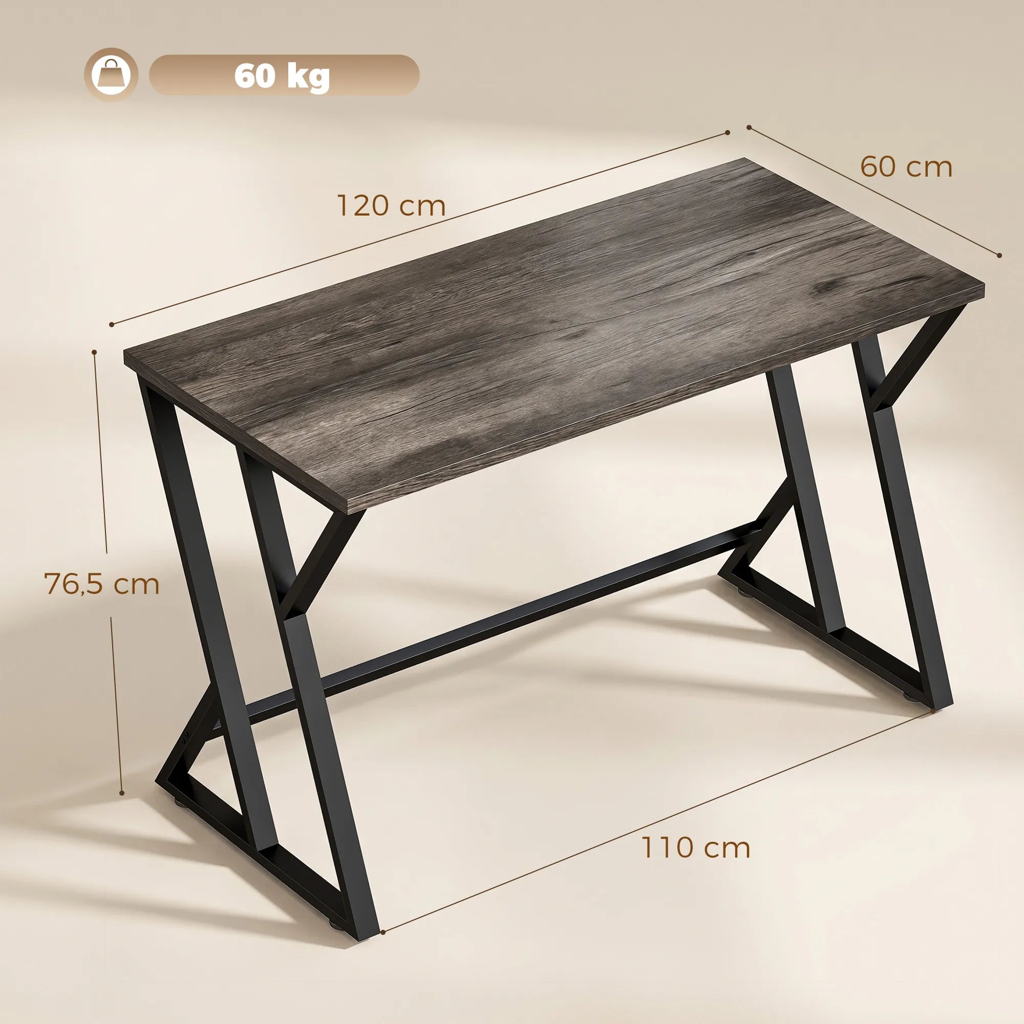 Rašomasis stalas 120x60 cm su Z formos metaliniu rėmu, pilkas