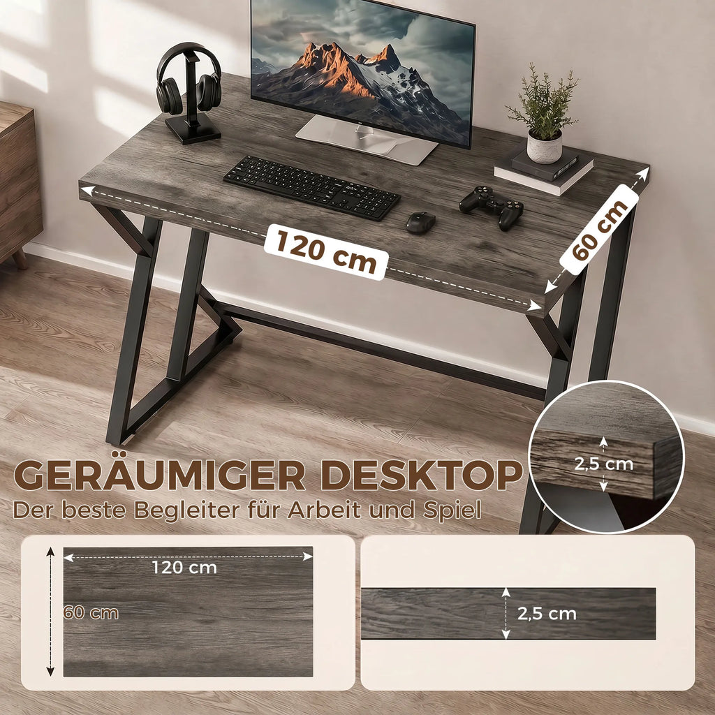Rašomasis stalas 120x60 cm su Z formos metaliniu rėmu, pilkas
