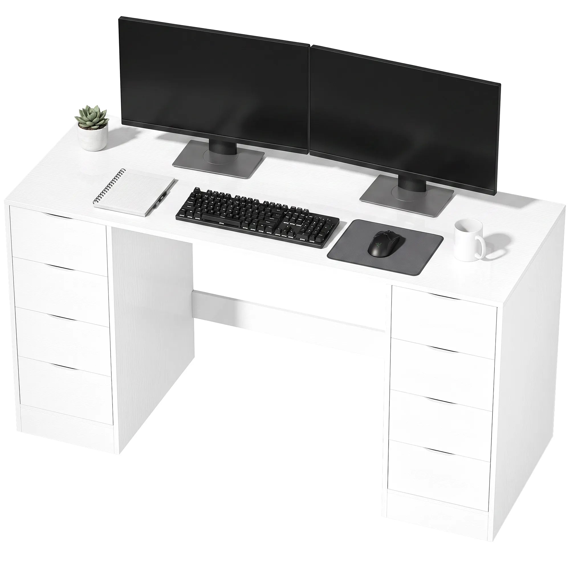 Rašomojo stalo vaizdas iš viršaus su klaviatūra, pele ir sultingu augalu