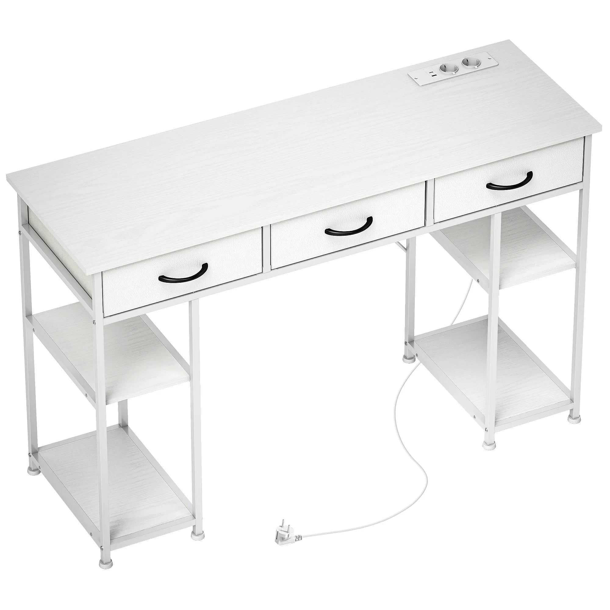 Rašomasis stalas su USB įkrovikliu ir reguliuojamomis lentynomis baltas 120x40x76 cm