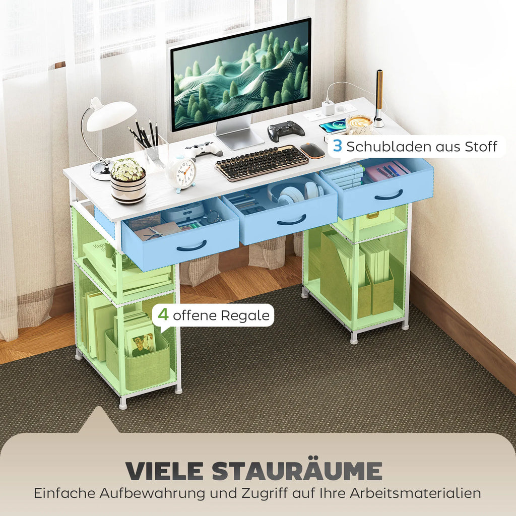 Rašomasis stalas su USB įkrovikliu ir reguliuojamomis lentynomis baltas 120x40x76 cm