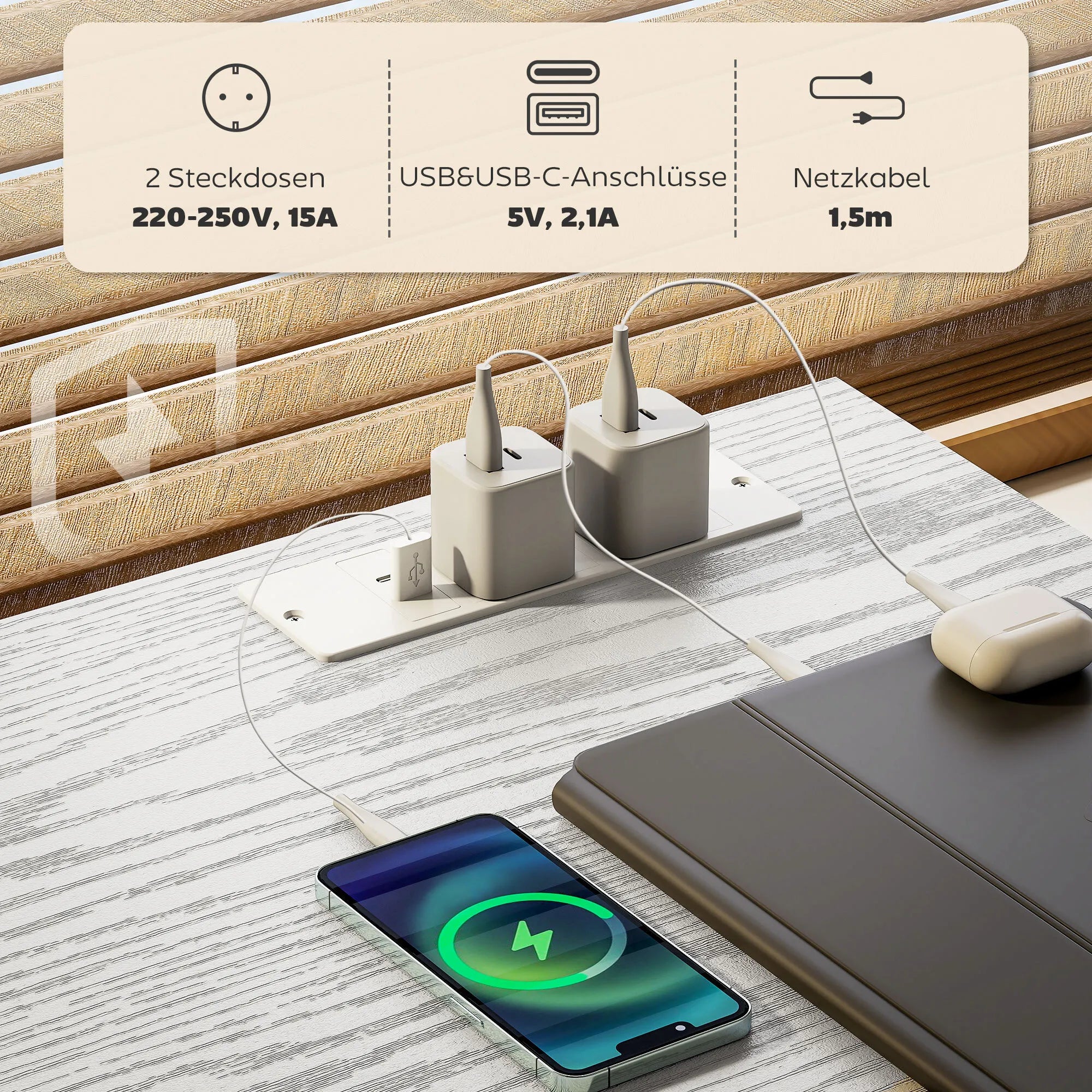 Rašomasis stalas su USB įkrovikliu ir reguliuojamomis lentynomis baltas 120x40x76 cm