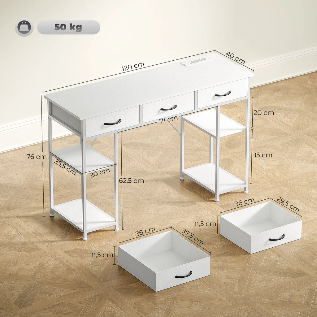 Rašomasis stalas su USB įkrovikliu ir reguliuojamomis lentynomis baltas 120x40x76 cm