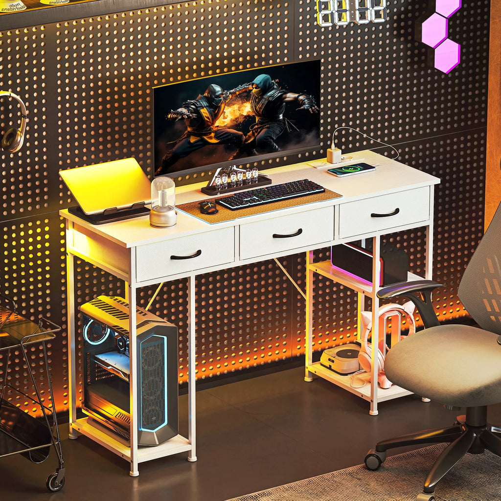 Rašomasis stalas su USB įkrovikliu ir reguliuojamomis lentynomis baltas 120x40x76 cm