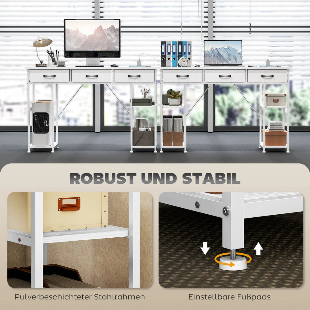 Rašomasis stalas su USB įkrovikliu ir reguliuojamomis lentynomis baltas 120x40x76 cm