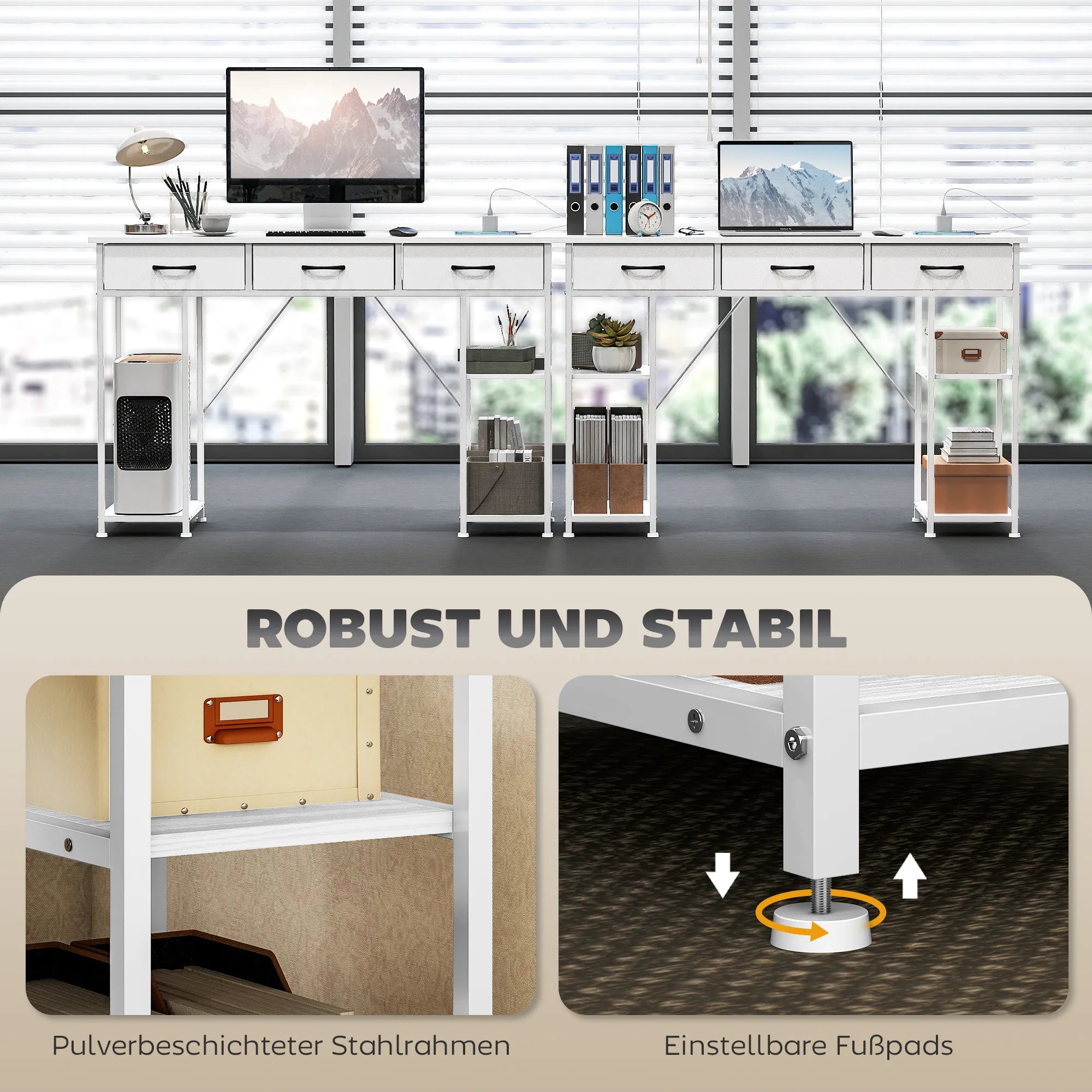 Rašomasis stalas su USB įkrovikliu ir reguliuojamomis lentynomis baltas 120x40x76 cm
