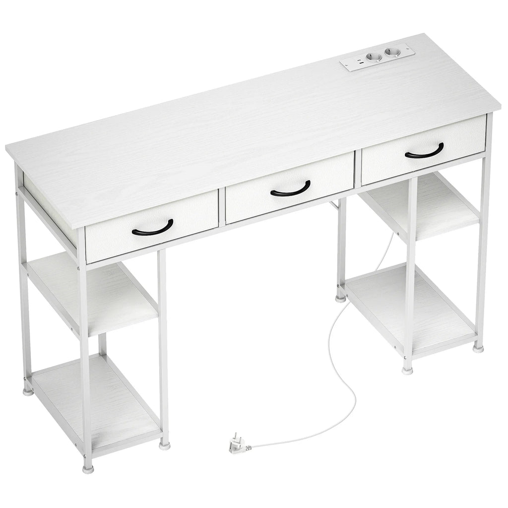 Rašomasis stalas su USB įkrovikliu ir reguliuojamomis lentynomis baltas 120x40x76 cm