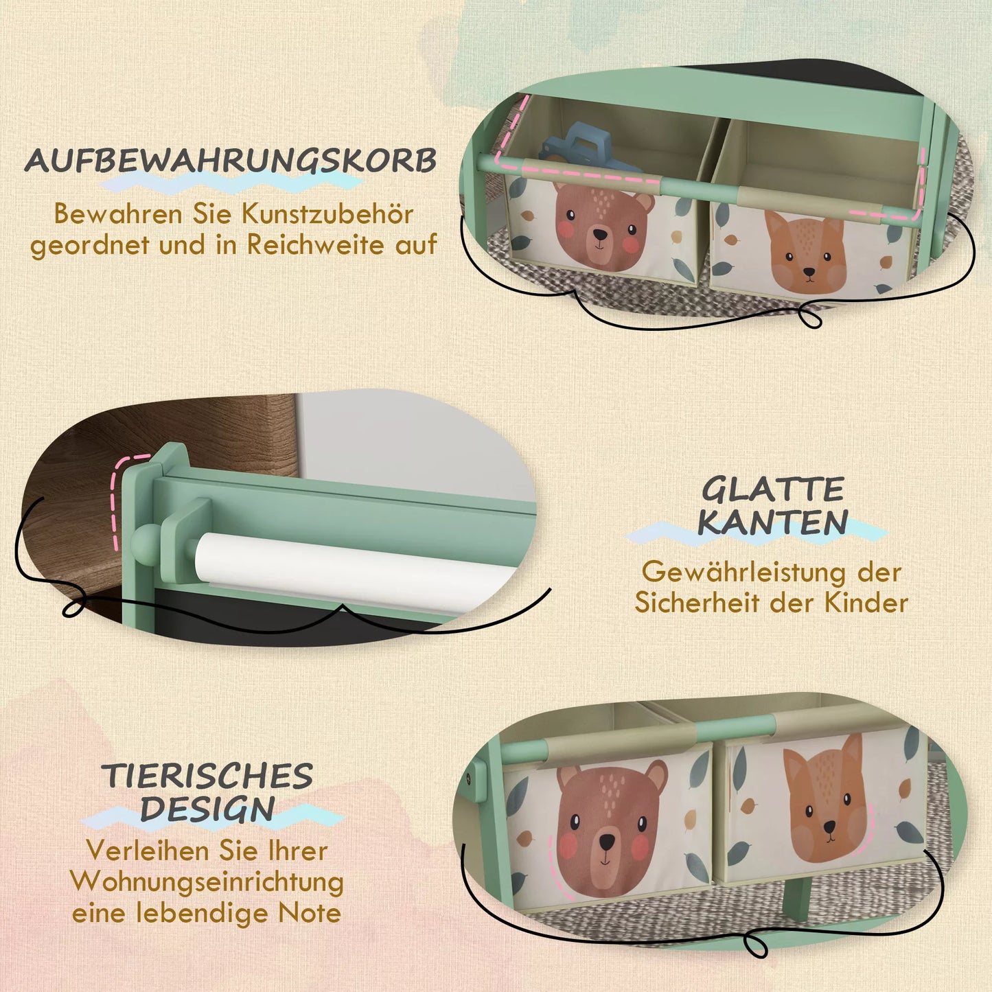 3-in-1 vaikiška dailės lenta su popieriaus ritinėliu, kreidelinė lenta, balta lenta, laikymo krepšeliai, 54 x 46,5 x 93 cm, žalia