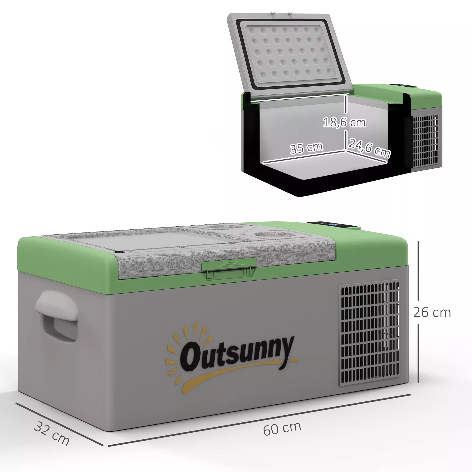 Automobilinis šaldytuvas, šaldymo dėžė, 16 l, nuo -20 °C iki 10 °C, ECO/MAX, 60 x 32 x 26 cm, žalia/pilka