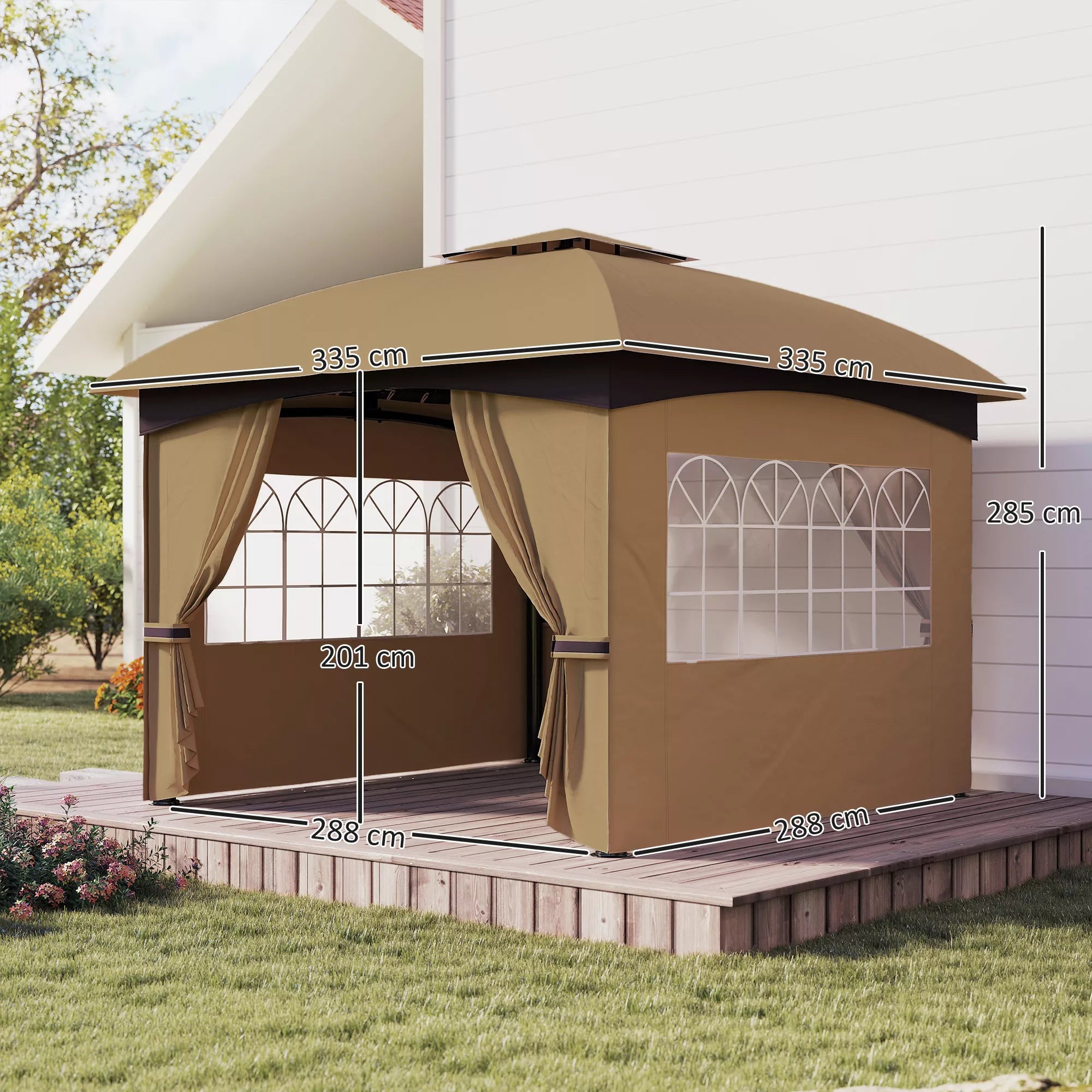 3,4 x 3,4 m sodo paviljonas, alaus palapinė su ventiliacijos stogu, arkinių langų, plieniniu rėmu, smėlio spalvos