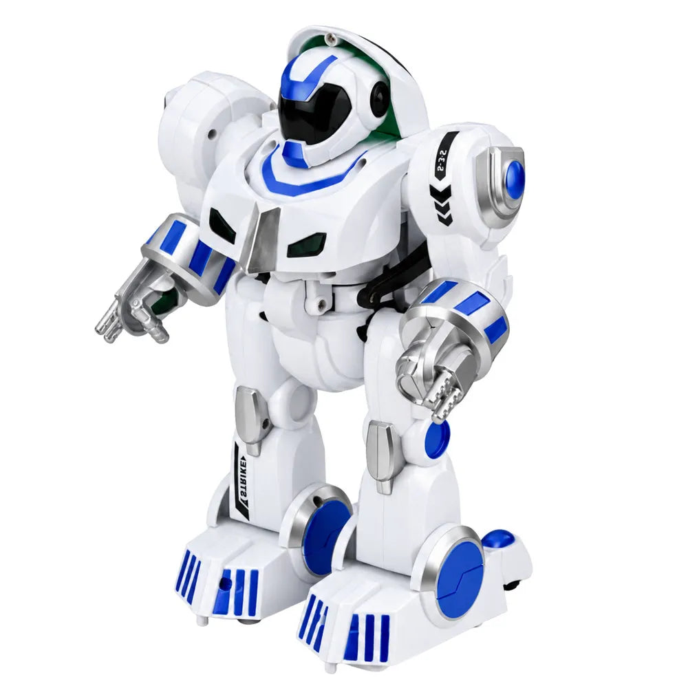 Baltai mėlynas RC robotas stovi ištiesta ranka baltame fone