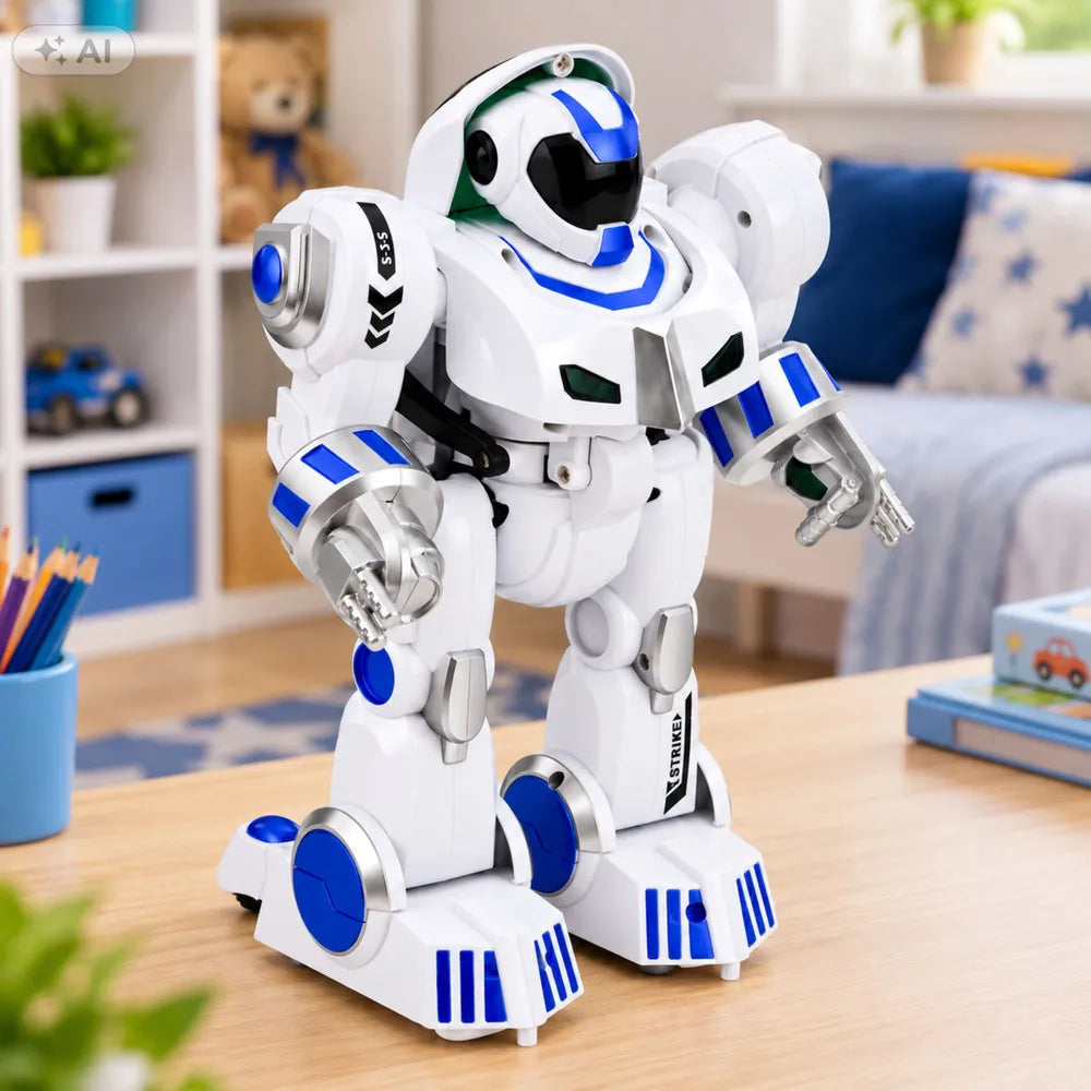 RC robotas stovi ant medinio stalo šviesiame vaikų kambaryje