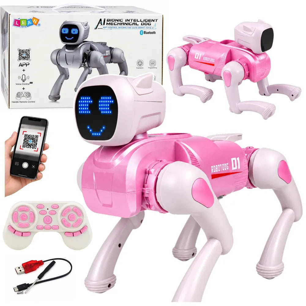 RC robotas šuo, programuojamas, rožinis, su „Bluetooth“ ir LED ekranu