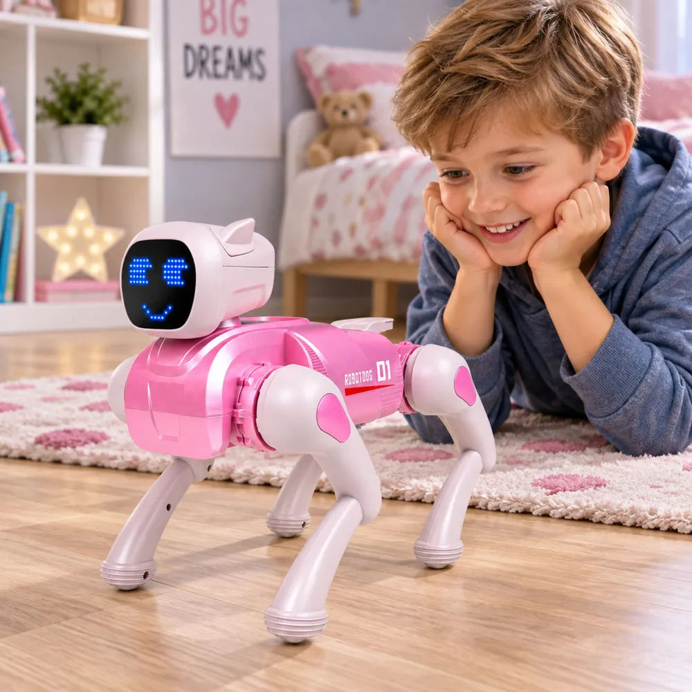 RC robotas šuo, programuojamas, rožinis, su „Bluetooth“ ir LED ekranu