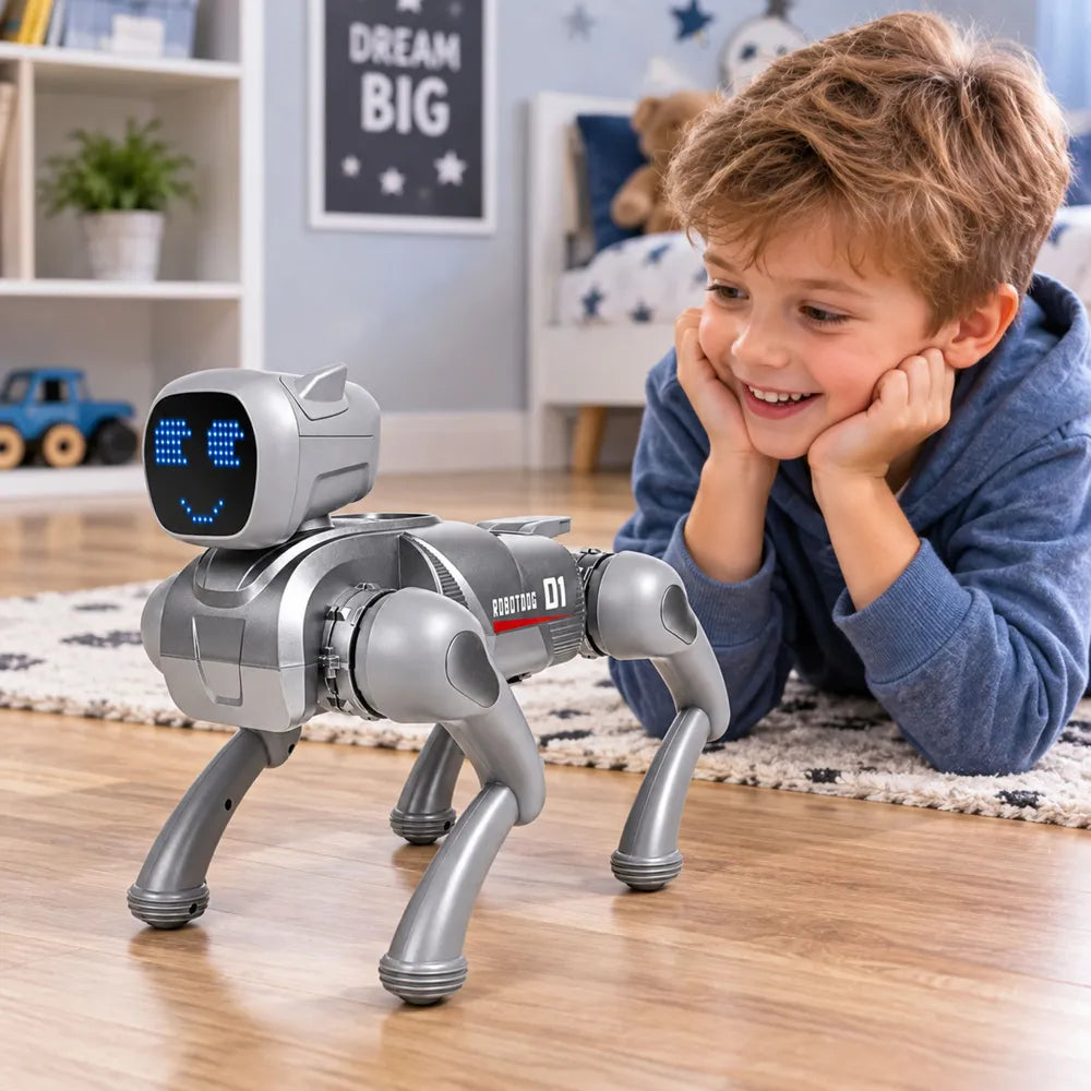 RC robotas šuo, programuojamas, su Bluetooth ir LED ekranu, sidabrinis