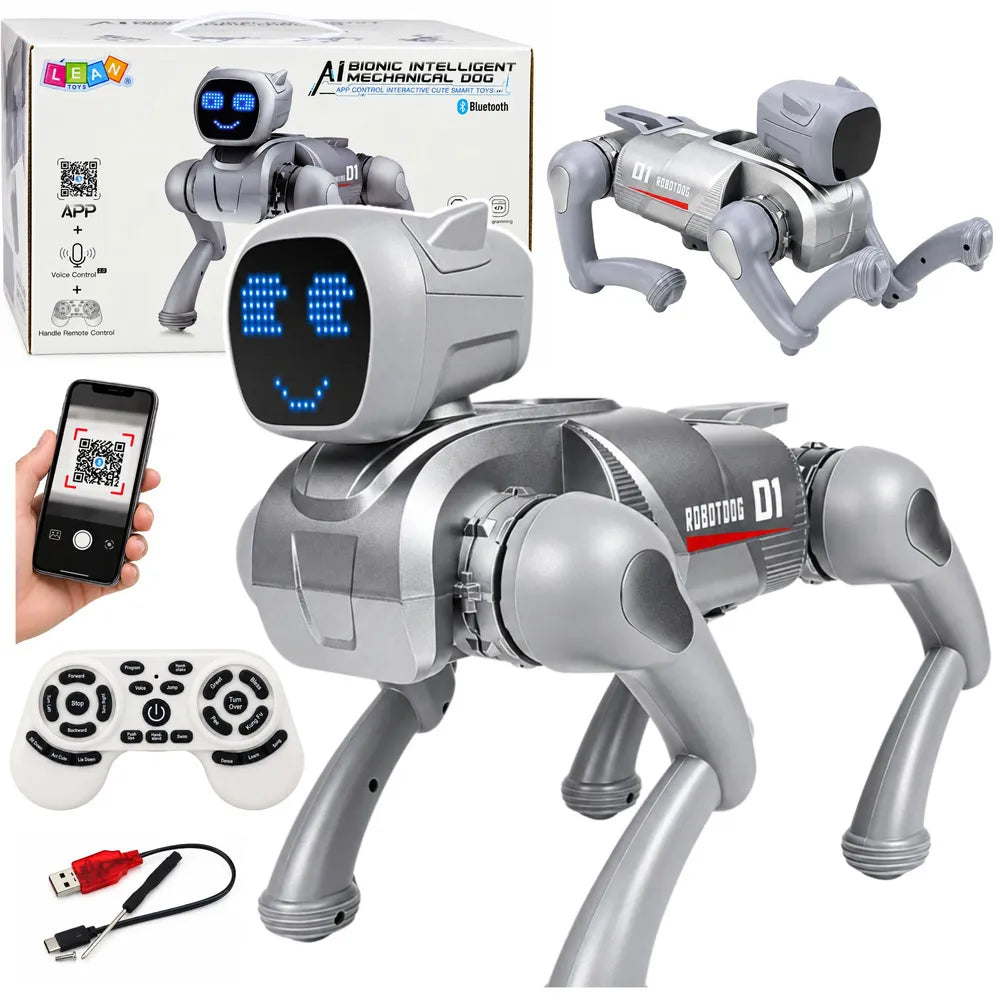 RC robotas šuo, programuojamas, su Bluetooth ir LED ekranu, sidabrinis