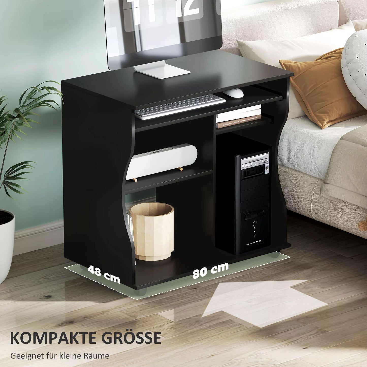 Juodas kompiuterio stalas su ratukais ir daiktadėže, 80 x 48 x 75 cm