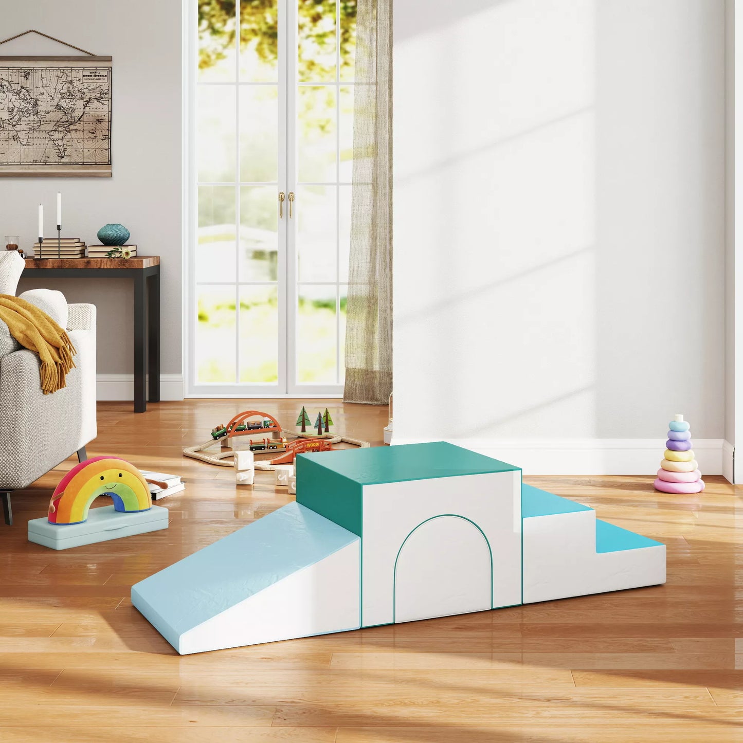 4 vnt. putplasčio blokelių rinkinys, lengvai valomas, minkštas užpildas, putplasčio blokai 1-3 metų vaikams, EPE, šviesiai pilka+mėlyna+žalia, 150 x 50 x 39 cm