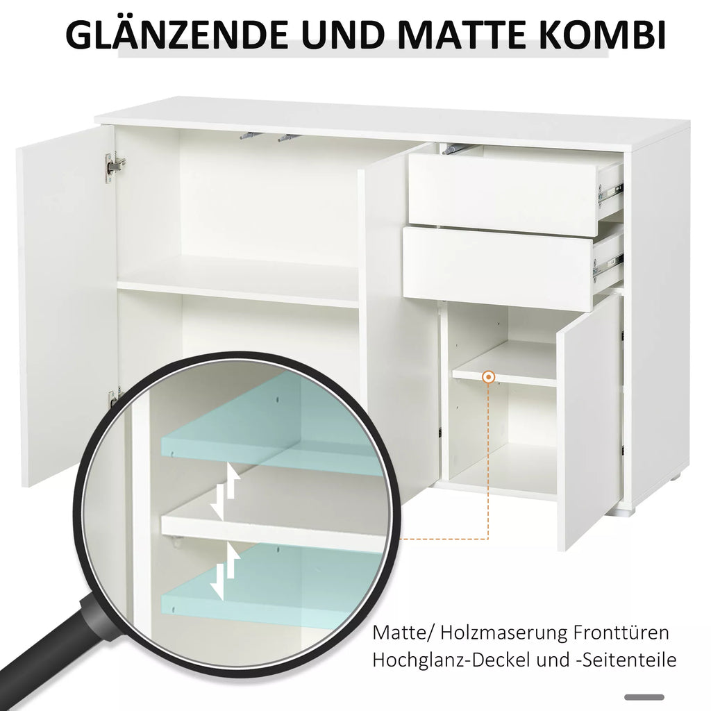 Bufetas Komoda, 2 stalčiai, „Push-Click“ sistema, 117 cm x 36 cm x 74 cm, balta