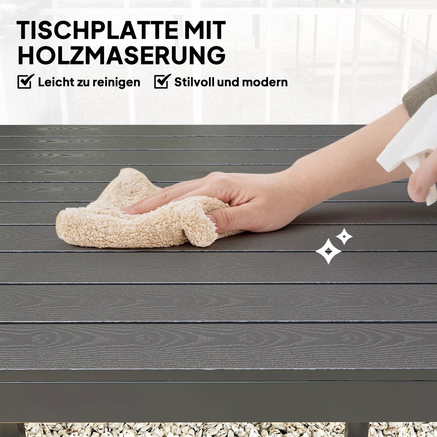 Sodo stalas Aliumininis 73x73 cm Atsparus oro sąlygoms Bufeto stalas su medienos išvaizda, Kempingo stalas 4 žmonėms Juodas