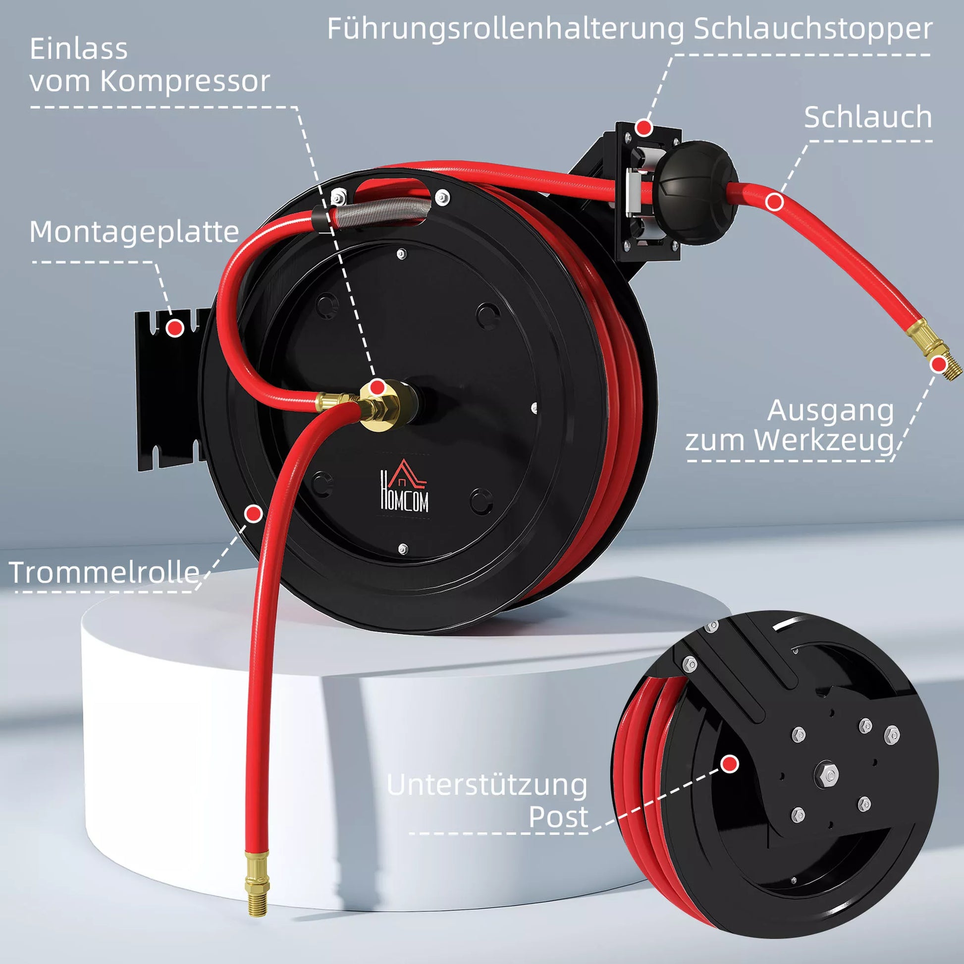 Sieninis sodo žarnos ritininis laikiklis, automatinis atitraukimas, 20 bar vandens slėgis, 15+1 m žarna, metalas