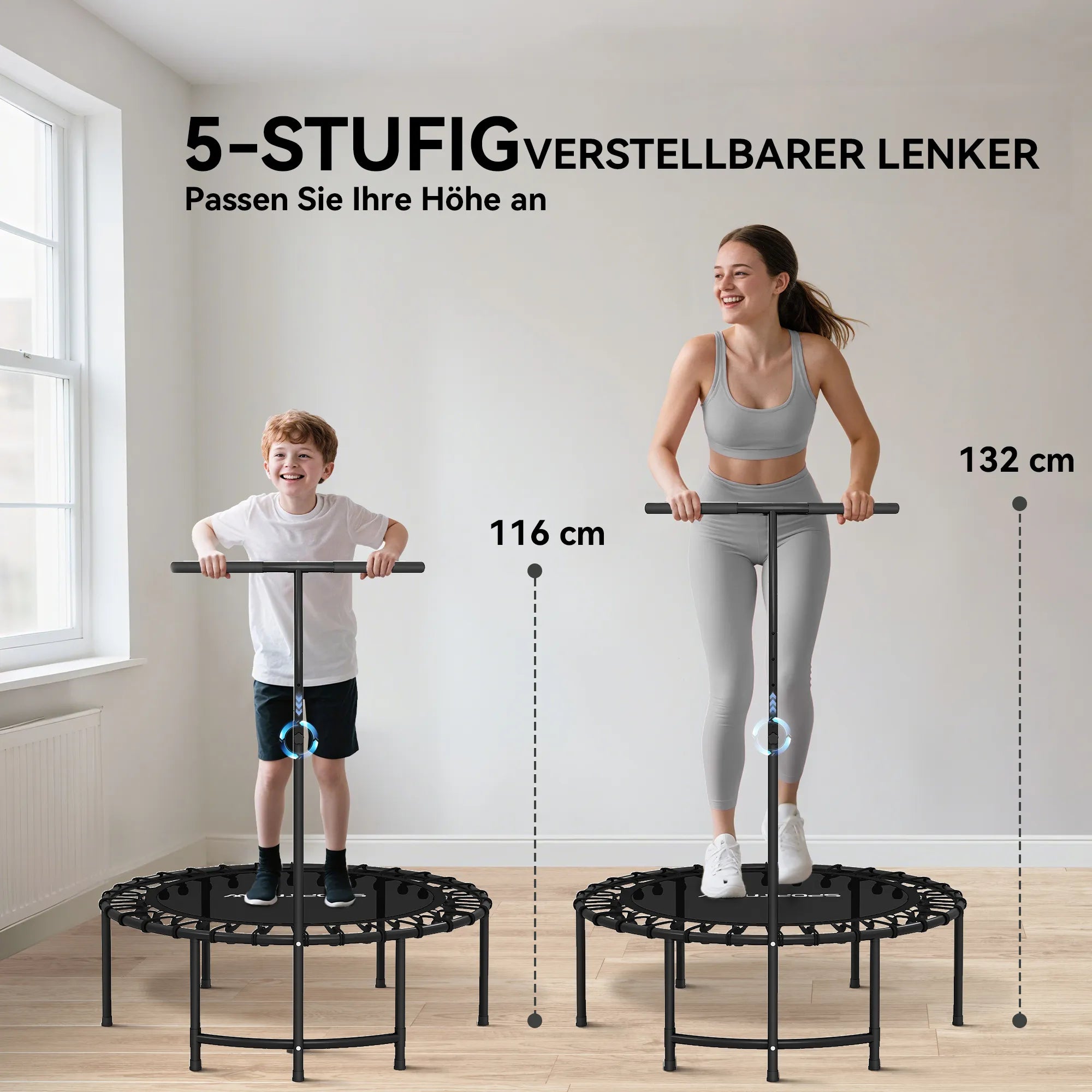 Rebounder batutas, 5 pakopų reguliuojama rankena, treniruočių batutas, juodas