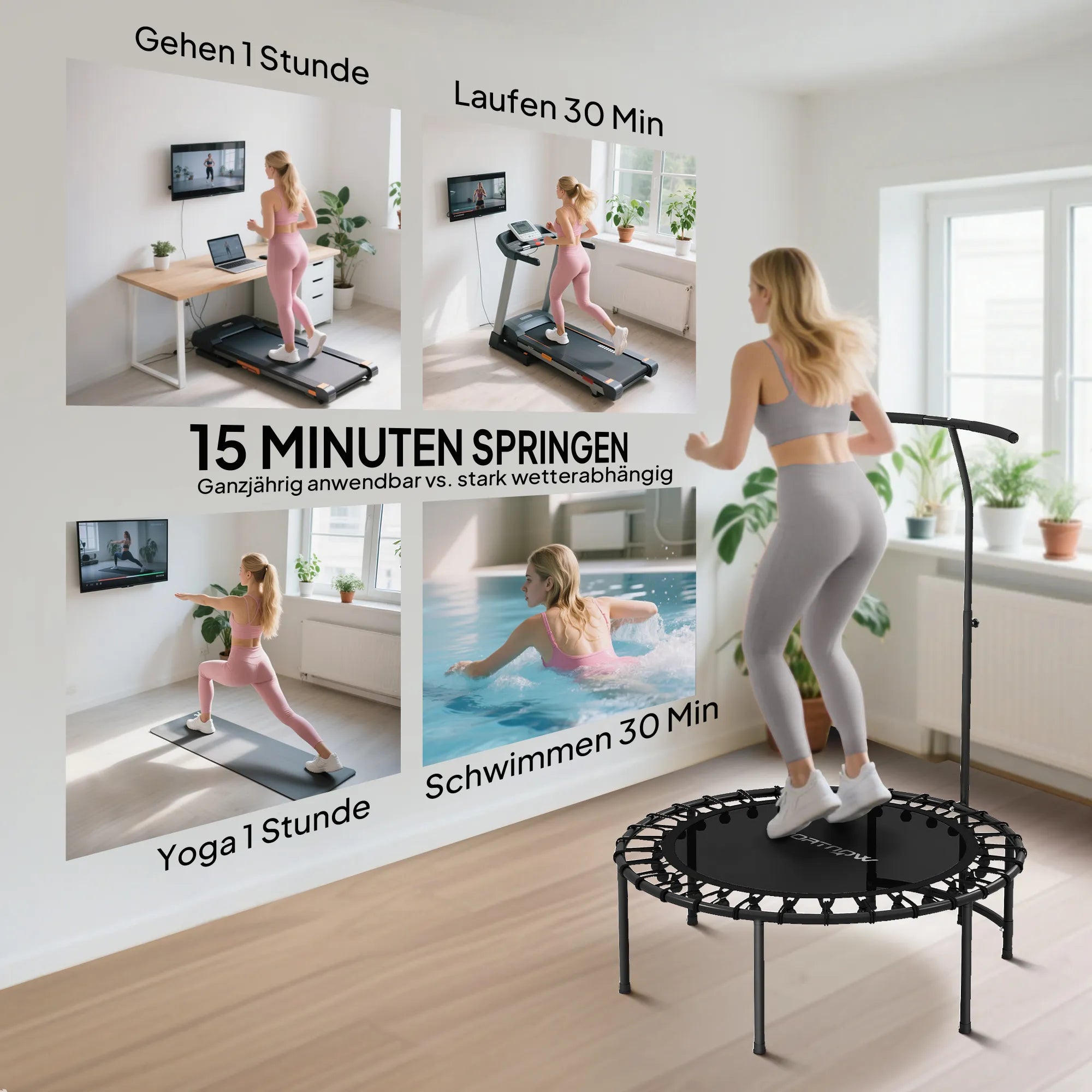 Rebounder batutas, 5 pakopų reguliuojama rankena, treniruočių batutas, juodas