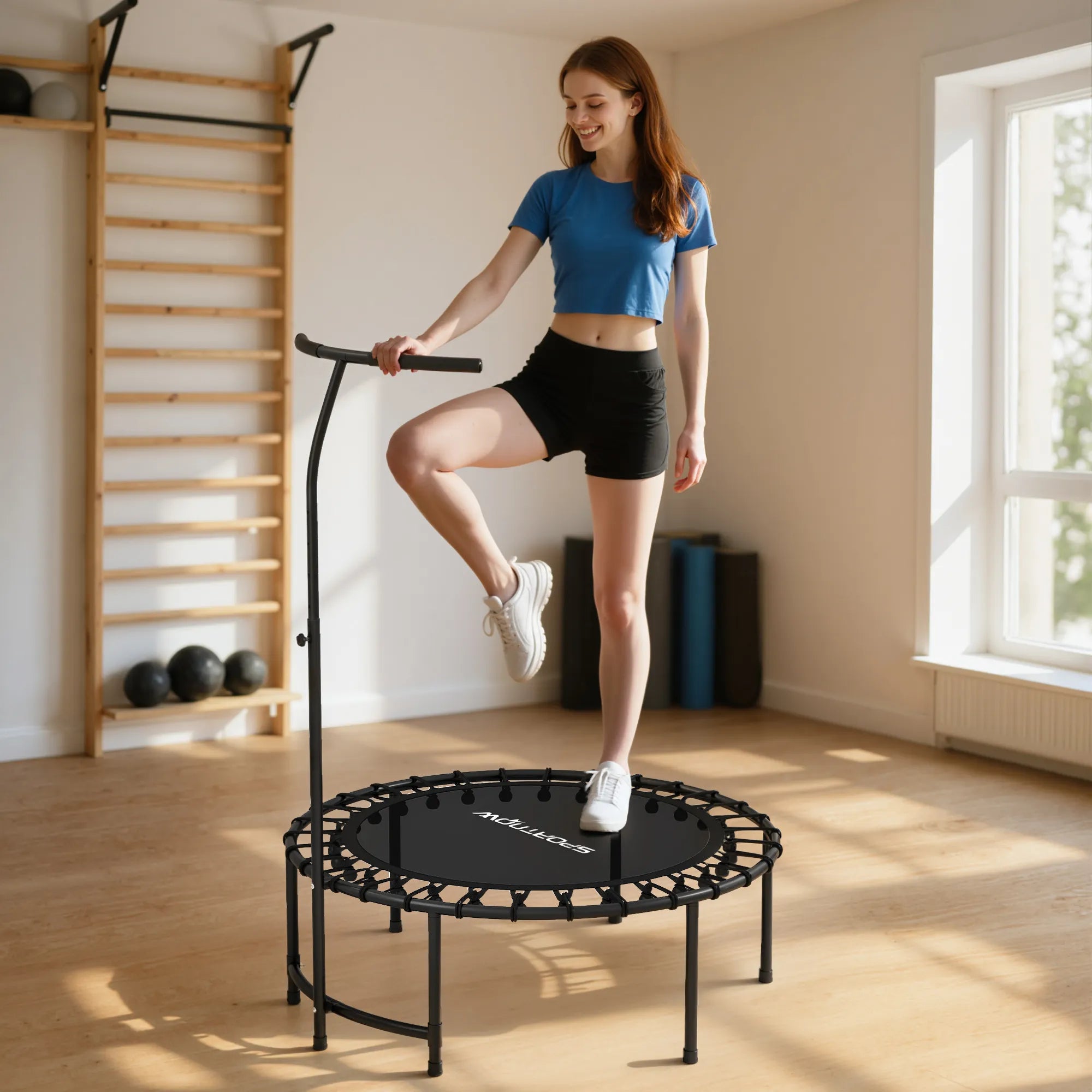 Rebounder batutas, 5 pakopų reguliuojama rankena, treniruočių batutas, juodas