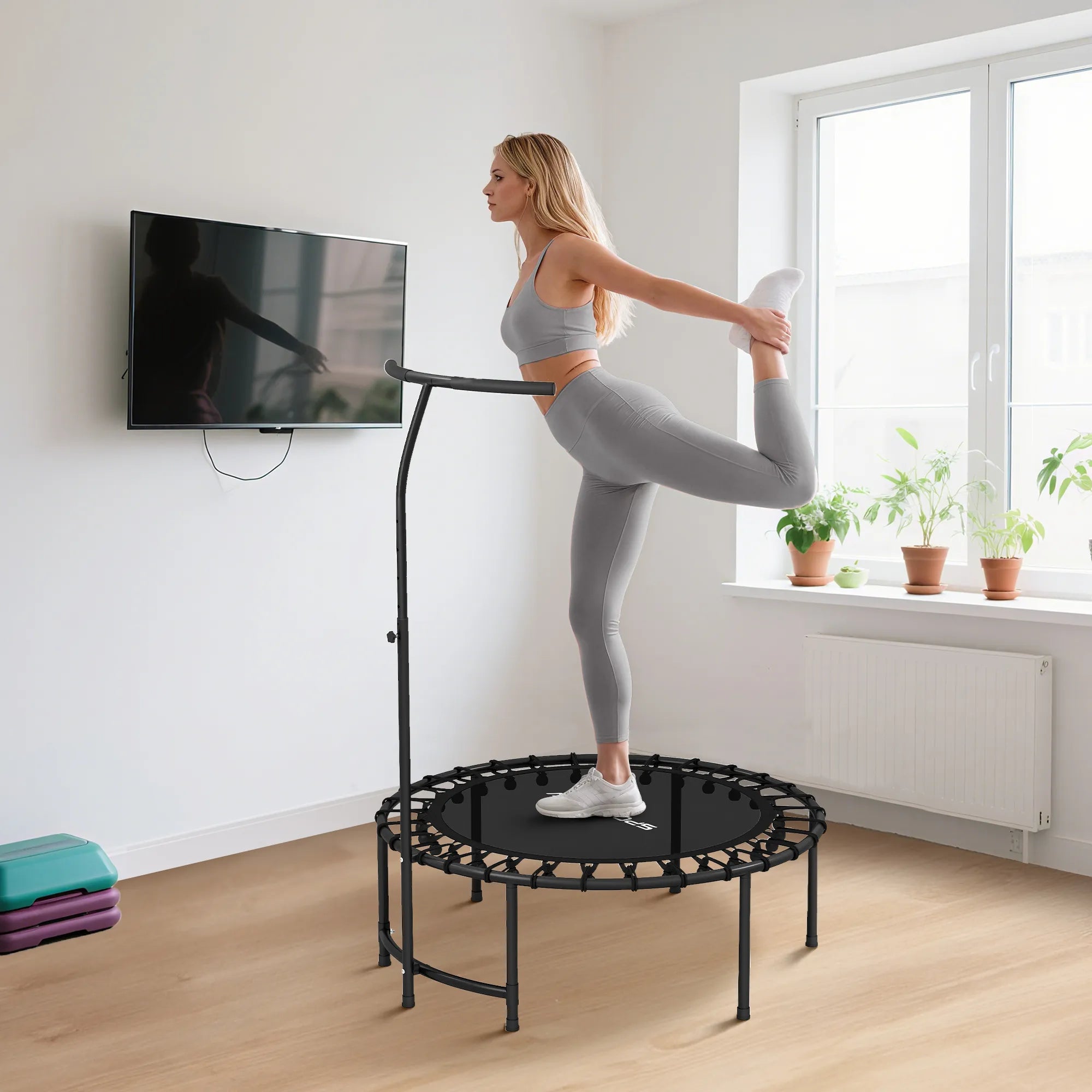 Rebounder batutas, 5 pakopų reguliuojama rankena, treniruočių batutas, juodas