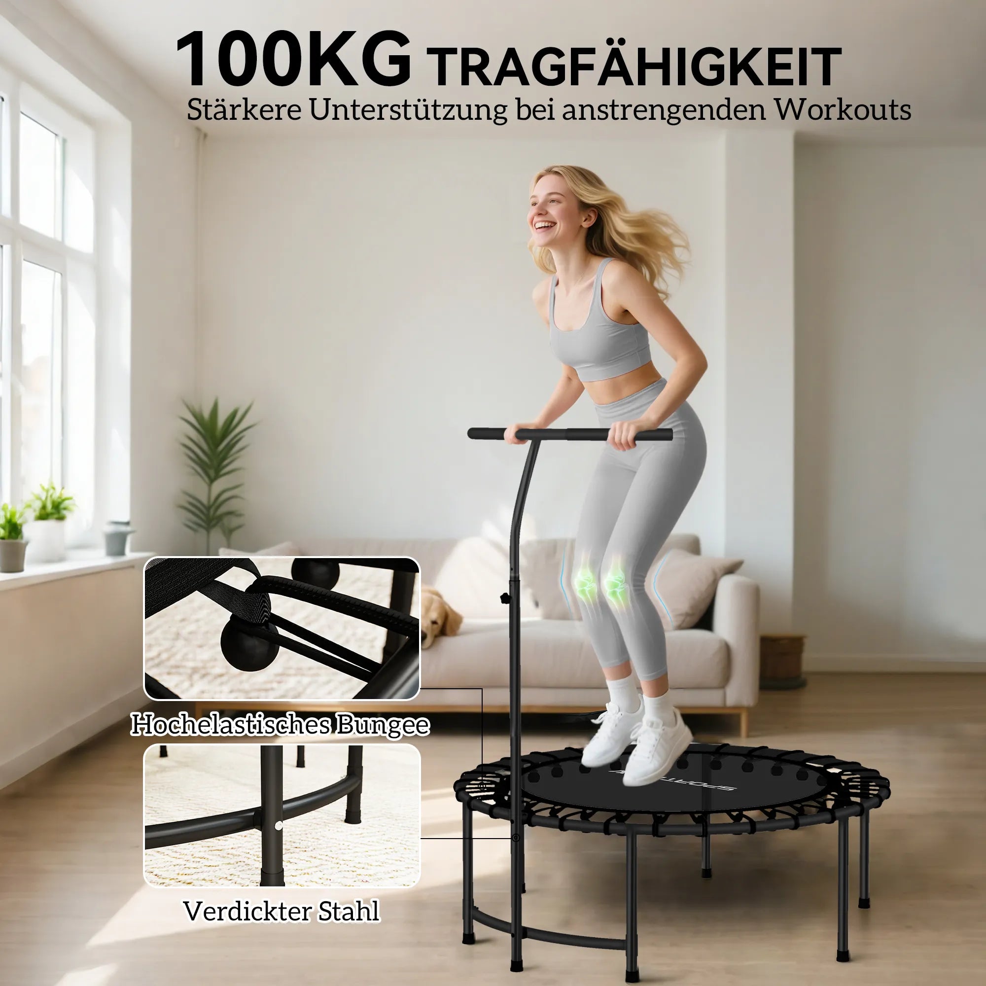 Rebounder batutas, 5 pakopų reguliuojama rankena, treniruočių batutas, juodas