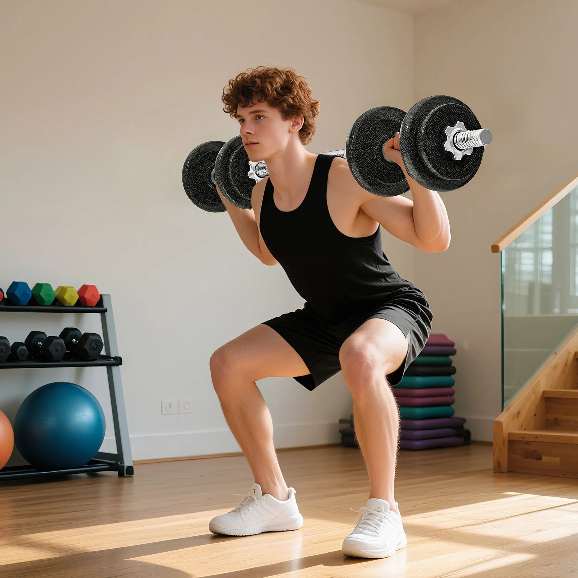 Reguliuojamas 20 kg svorių hantelių ir štangos komplektas, pilkas