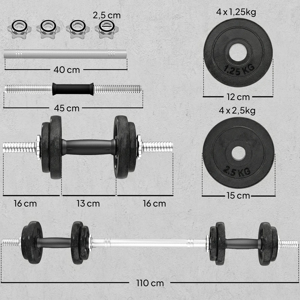 Reguliuojamas 20 kg svorių hantelių ir štangos komplektas, pilkas