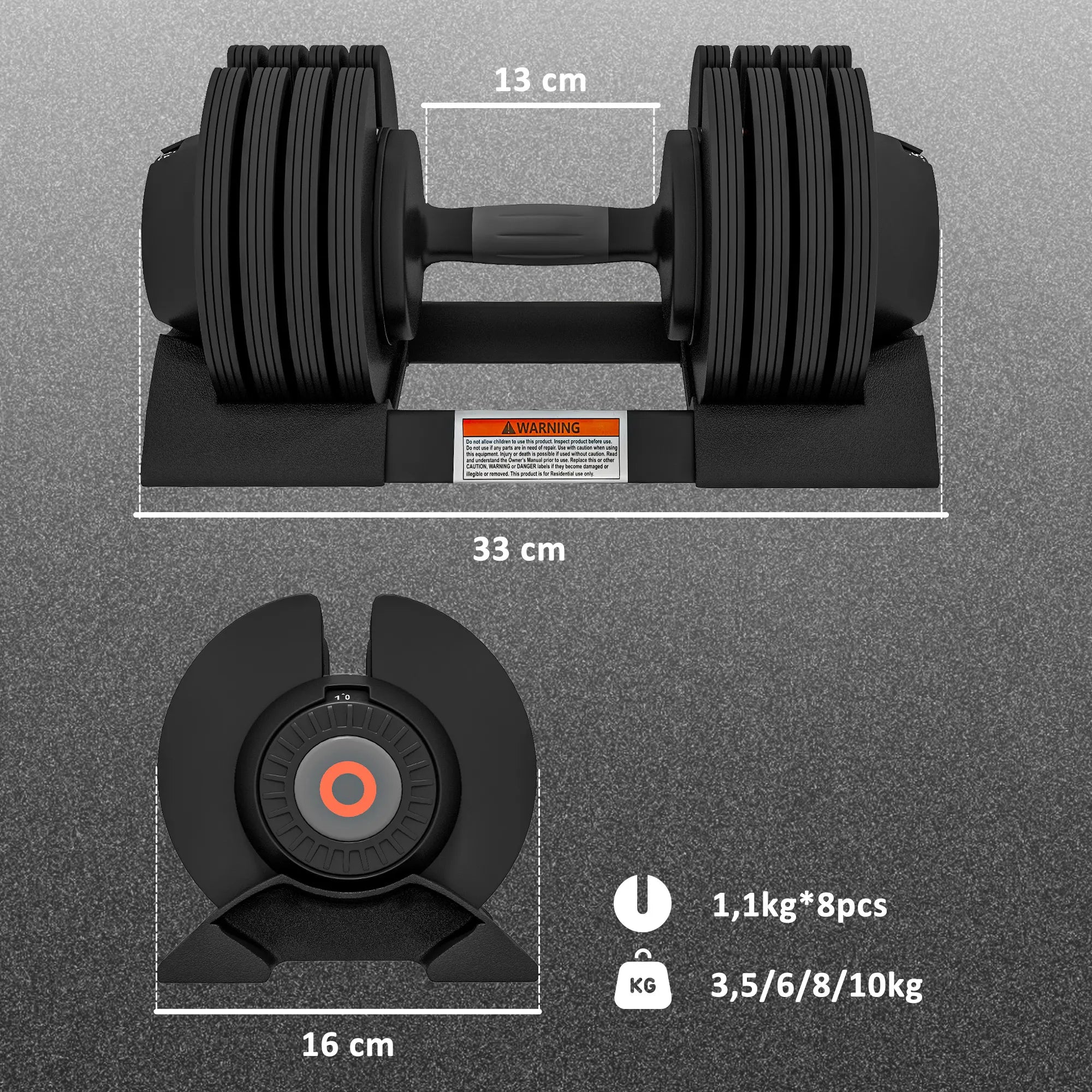 Reguliuojamas hantelis su svorio keitimo funkcija 3,5–10 kg, juodas