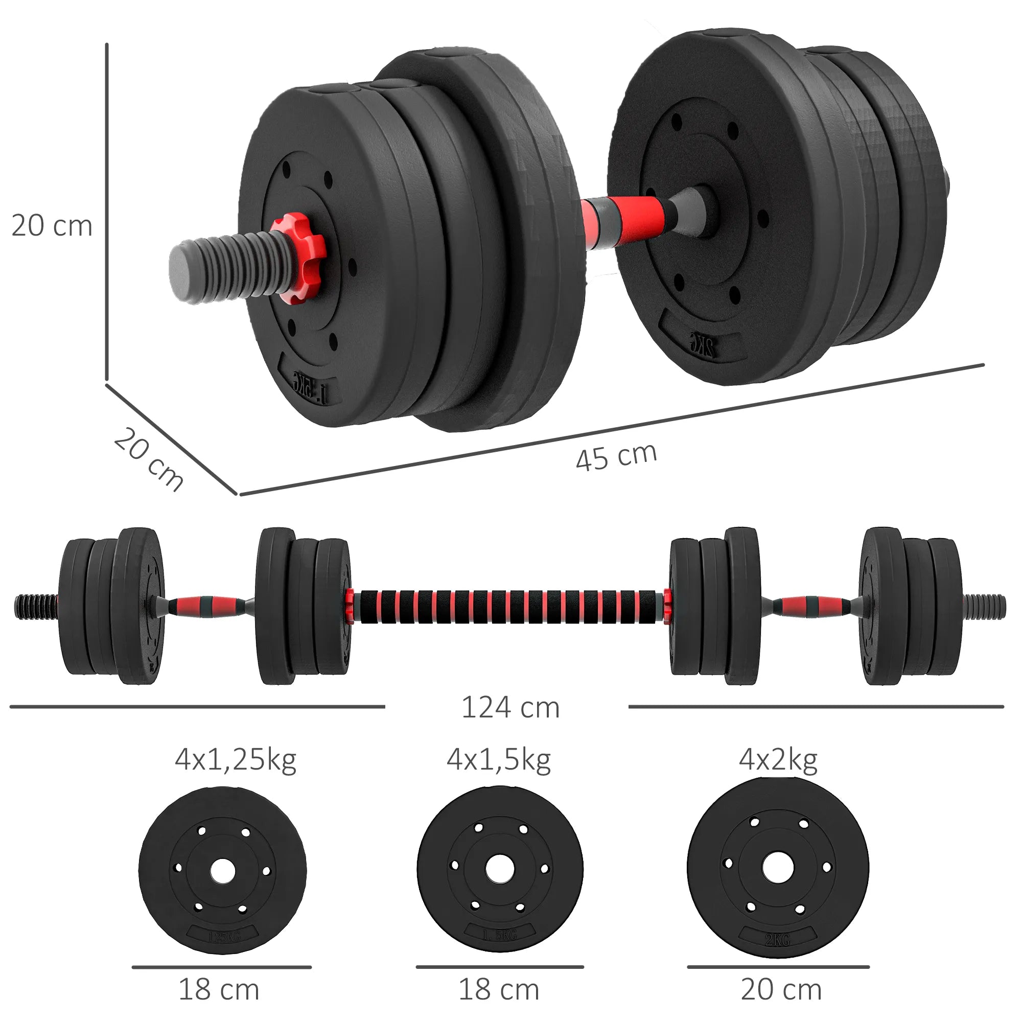 Reguliuojamas hantelių ir štangos komplektas 20 kg, juodas
