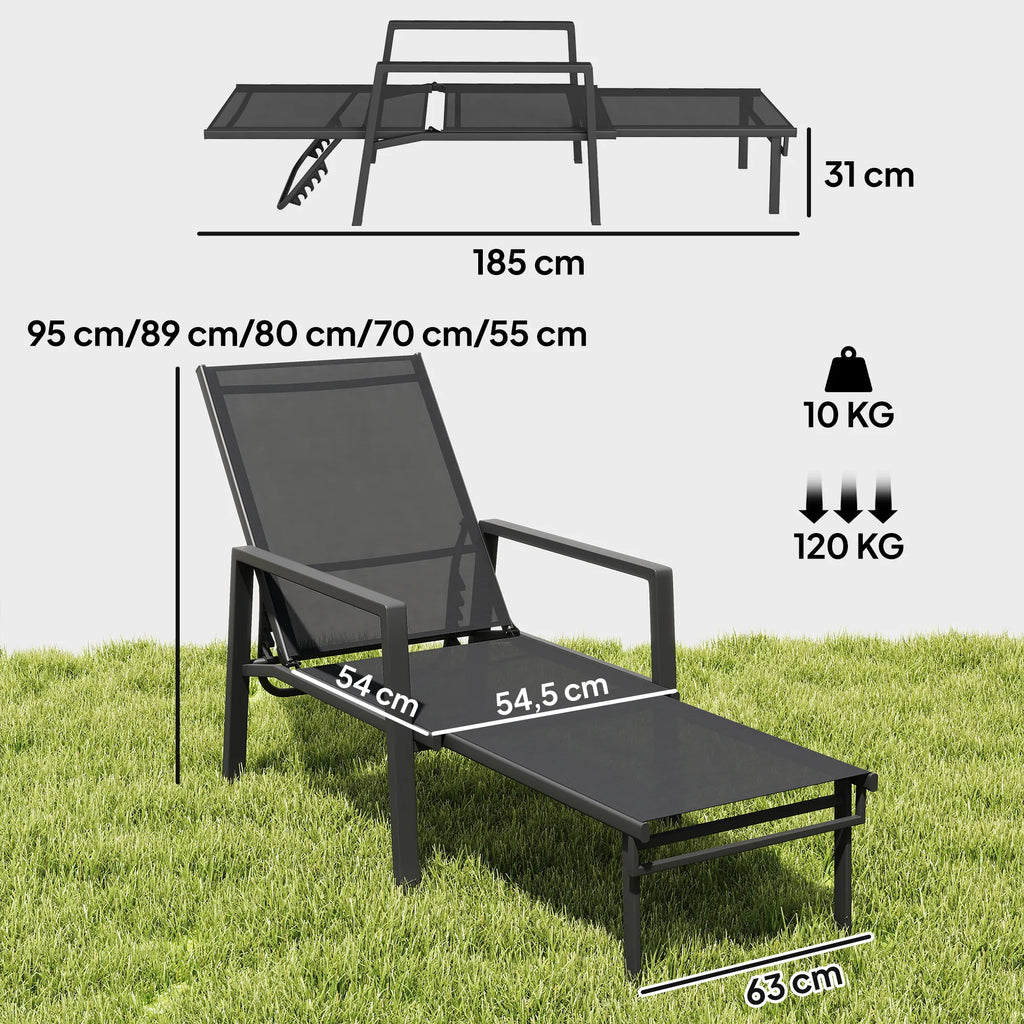 Matmenų schema: bendras ilgis 185 cm, atlošo padėtys nuo 55 iki 95 cm, apkrova iki 120 kg