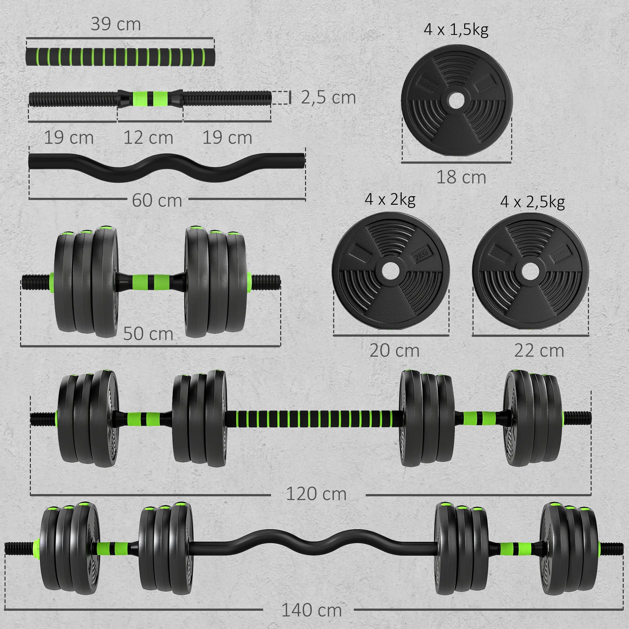 Reguliuojamas svarmenų komplektas 25 kg, žalias
